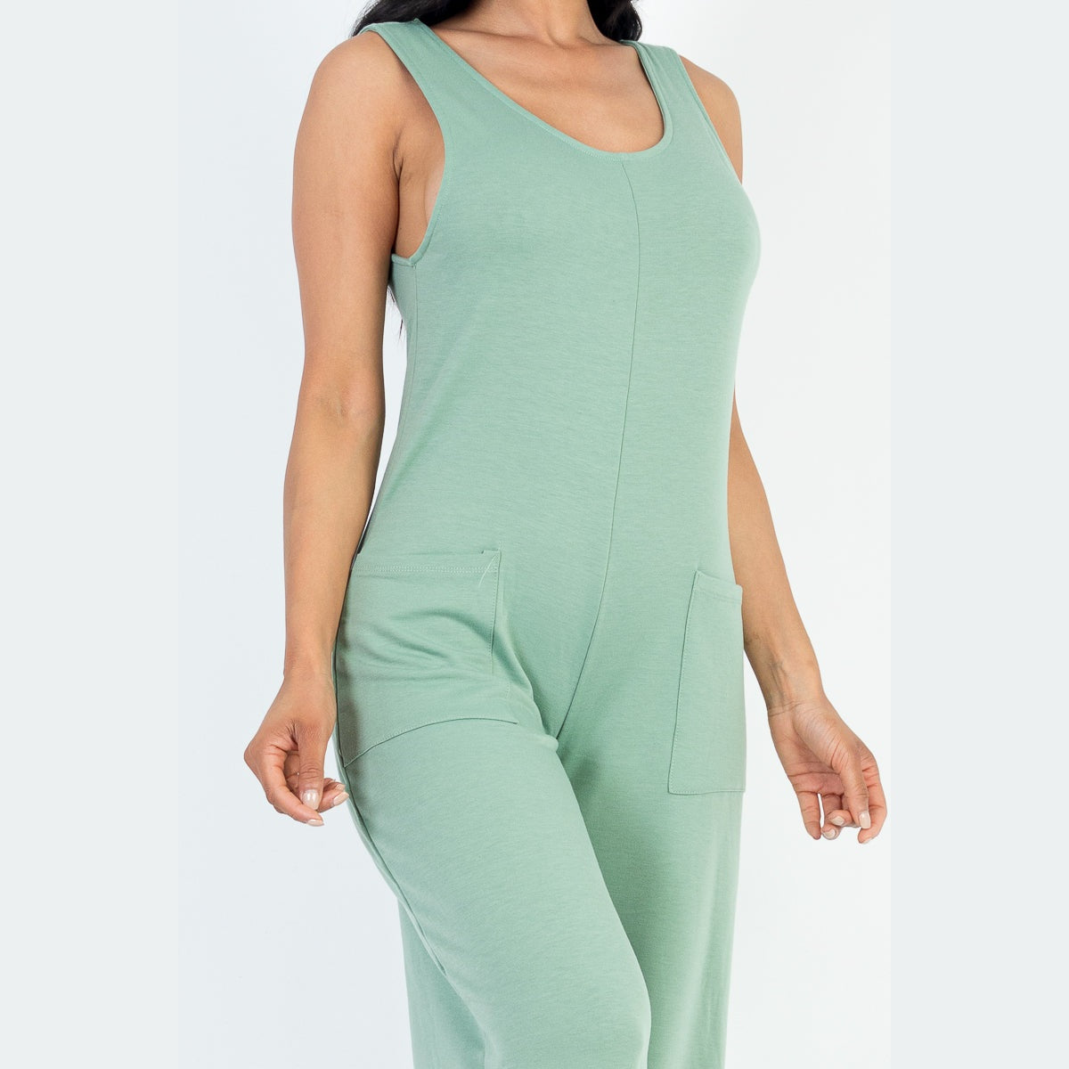 Casual Solid French Terry Sleeveless Scoop Neck Front Pocket Jumpsuit