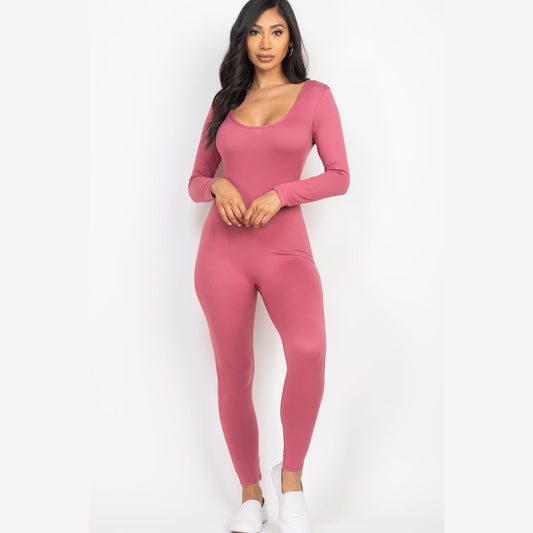 Scoop Neck Long Sleeve Bodycon Jumpsuit