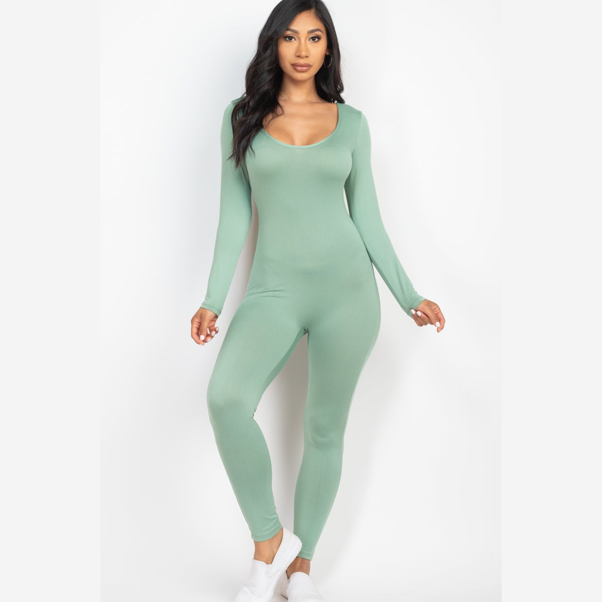 Scoop Neck Long Sleeve Bodycon Jumpsuit