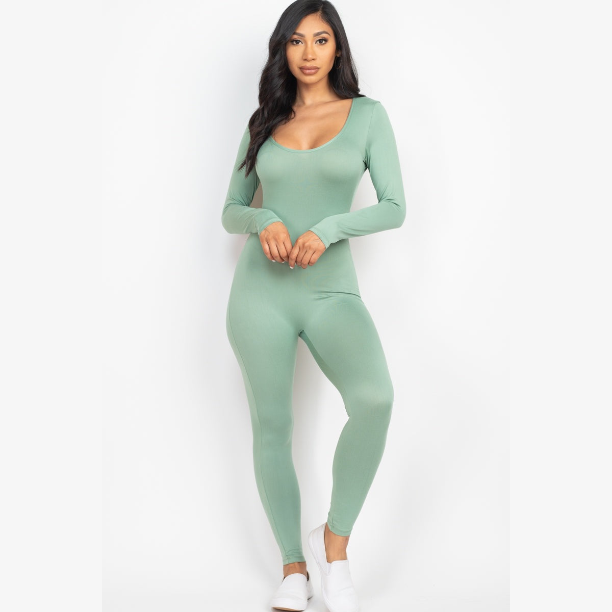 Scoop Neck Long Sleeve Bodycon Jumpsuit