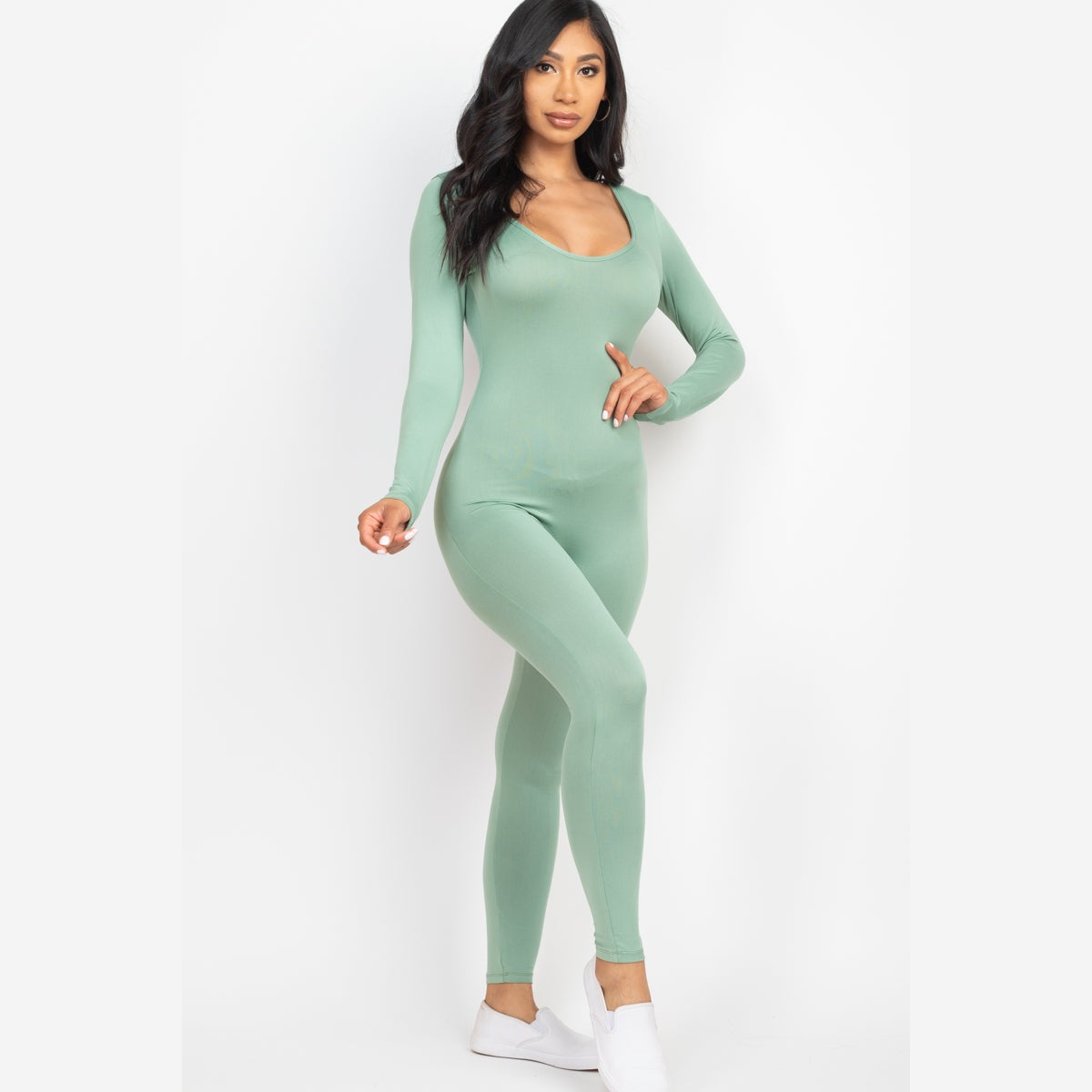 Scoop Neck Long Sleeve Bodycon Jumpsuit