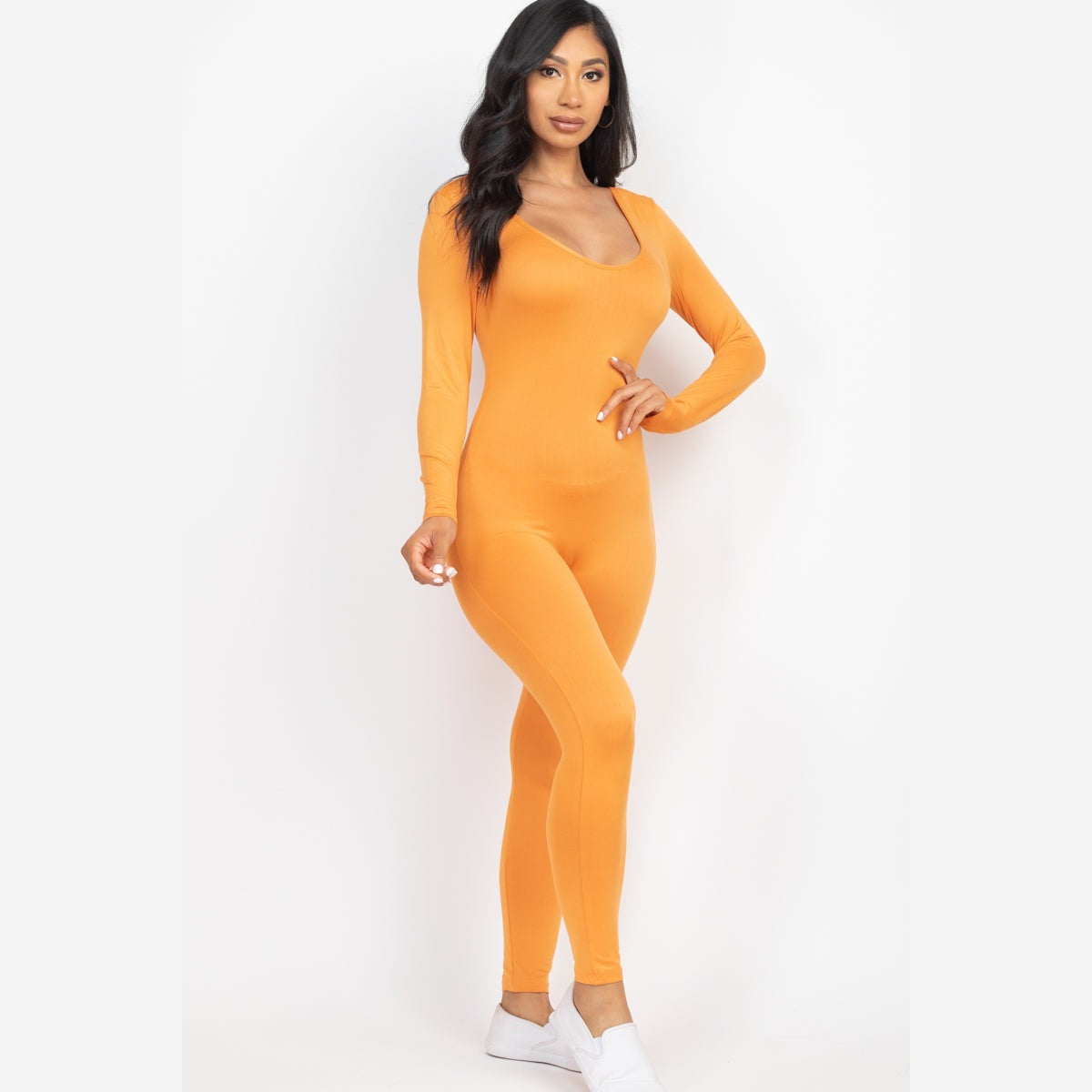 Scoop Neck Long Sleeve Bodycon Jumpsuit