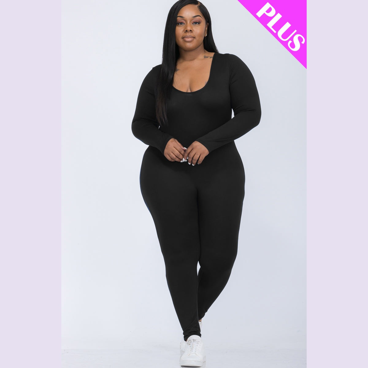Plus Size Scoop Neck Long Sleeve Bodycon Jumpsuit