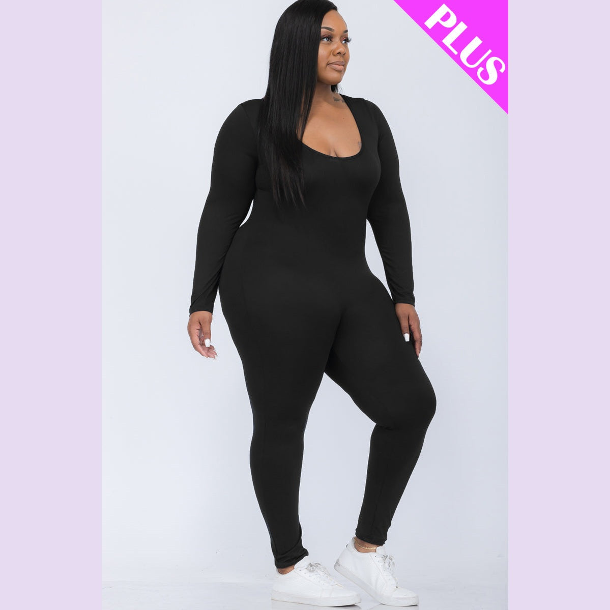 Plus Size Scoop Neck Long Sleeve Bodycon Jumpsuit