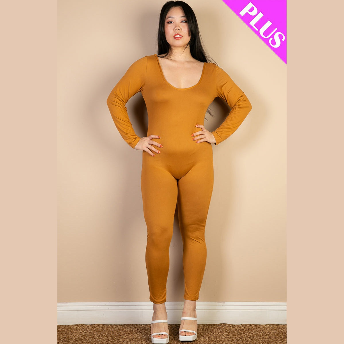 Plus Size Scoop Neck Long Sleeve Bodycon Jumpsuit