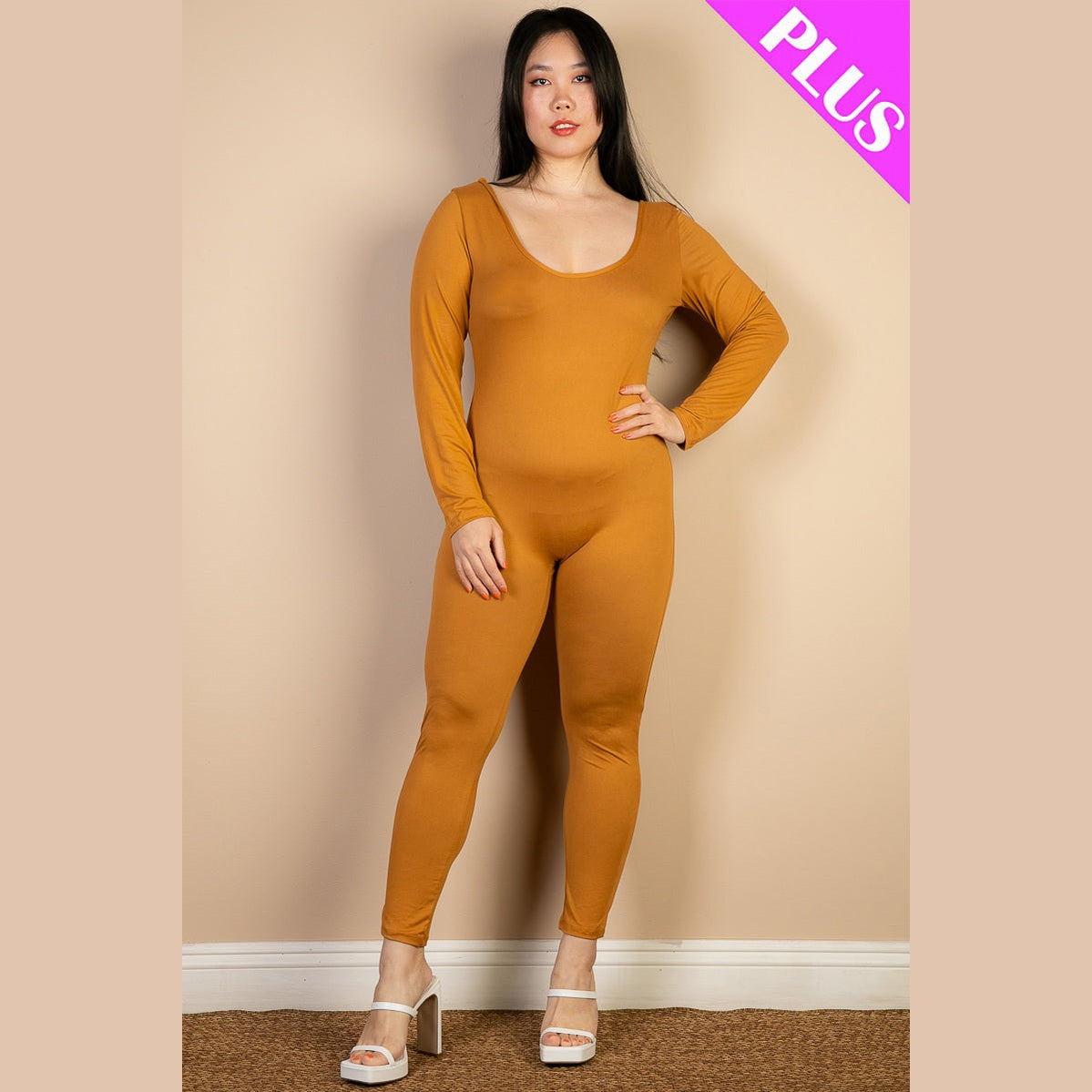 Plus Size Scoop Neck Long Sleeve Bodycon Jumpsuit