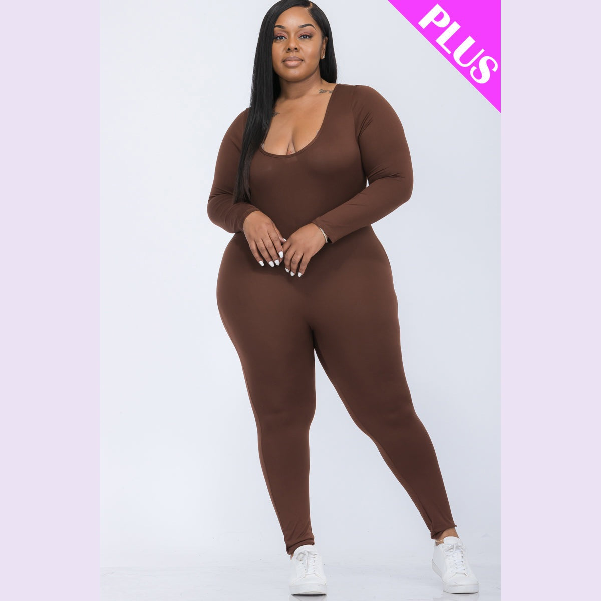 Plus Size Scoop Neck Long Sleeve Bodycon Jumpsuit