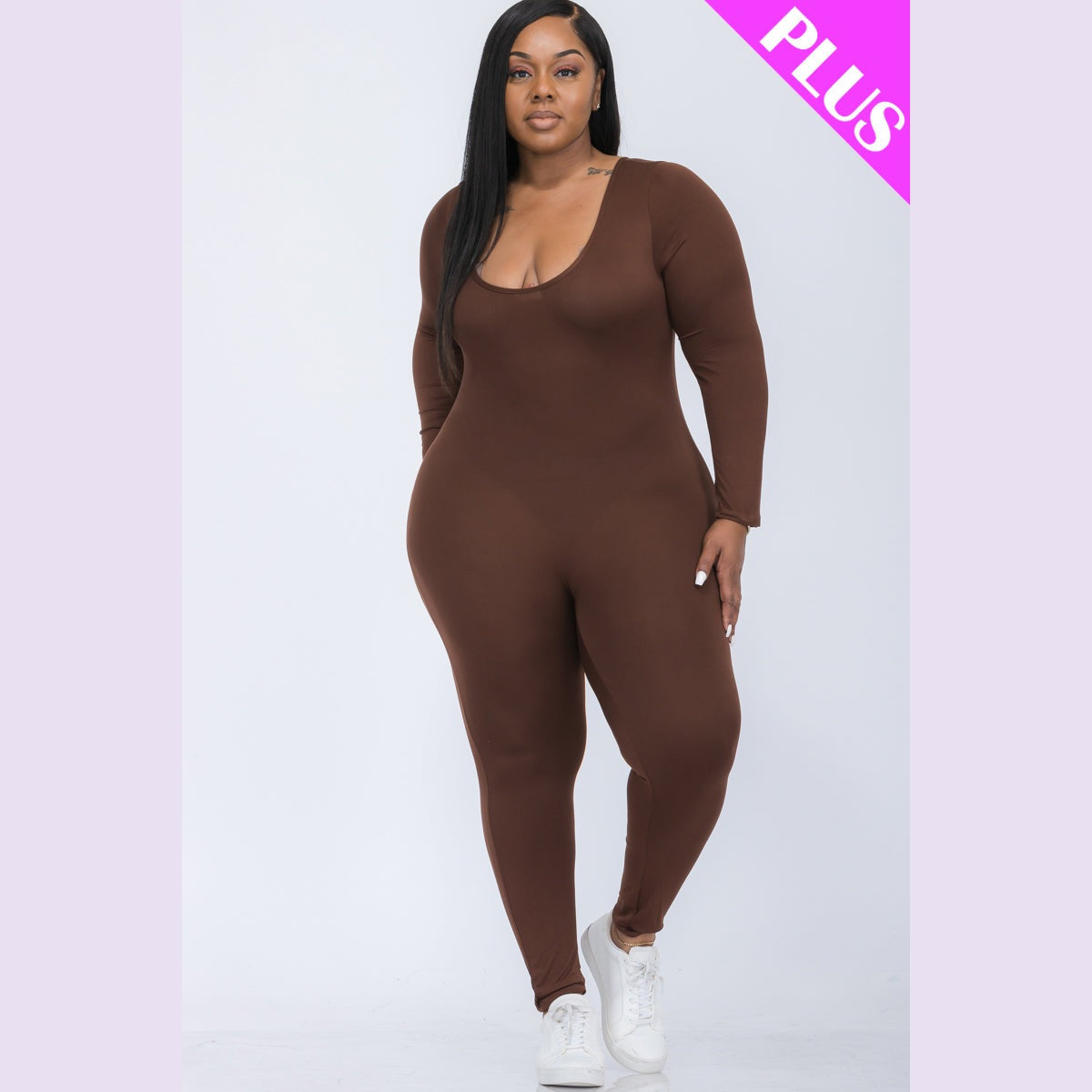 Plus Size Scoop Neck Long Sleeve Bodycon Jumpsuit