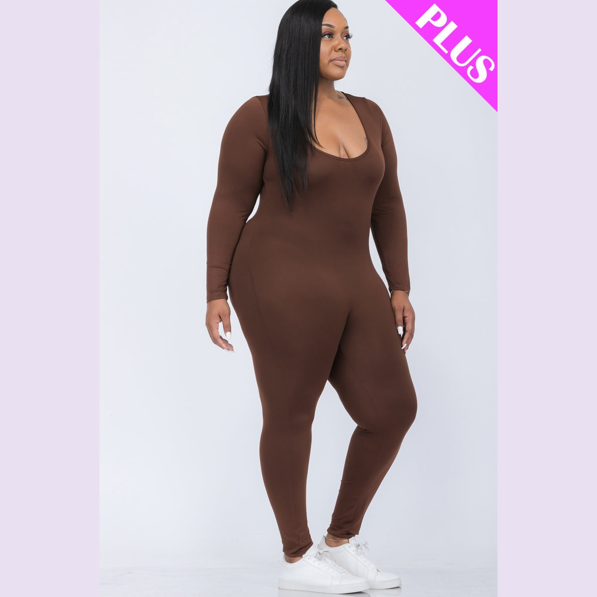 Plus Size Scoop Neck Long Sleeve Bodycon Jumpsuit
