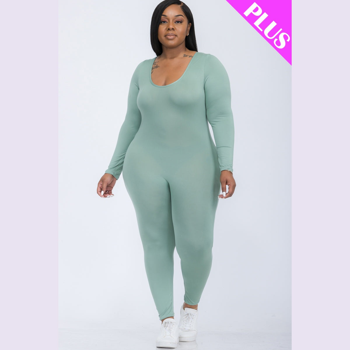Plus Size Scoop Neck Long Sleeve Bodycon Jumpsuit