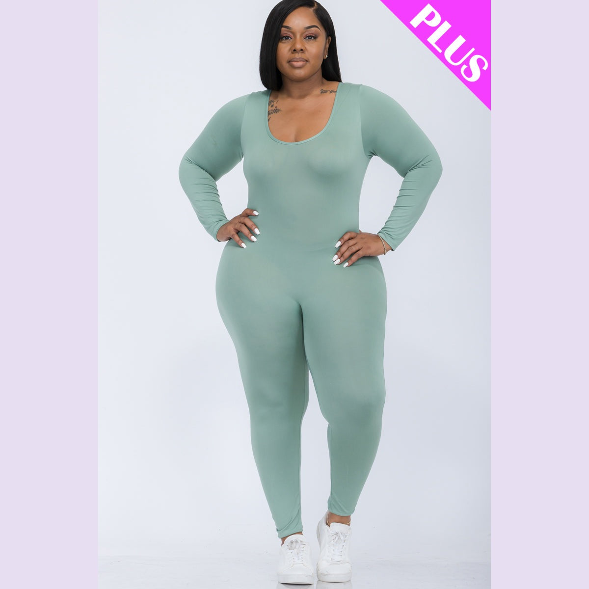 Plus Size Scoop Neck Long Sleeve Bodycon Jumpsuit