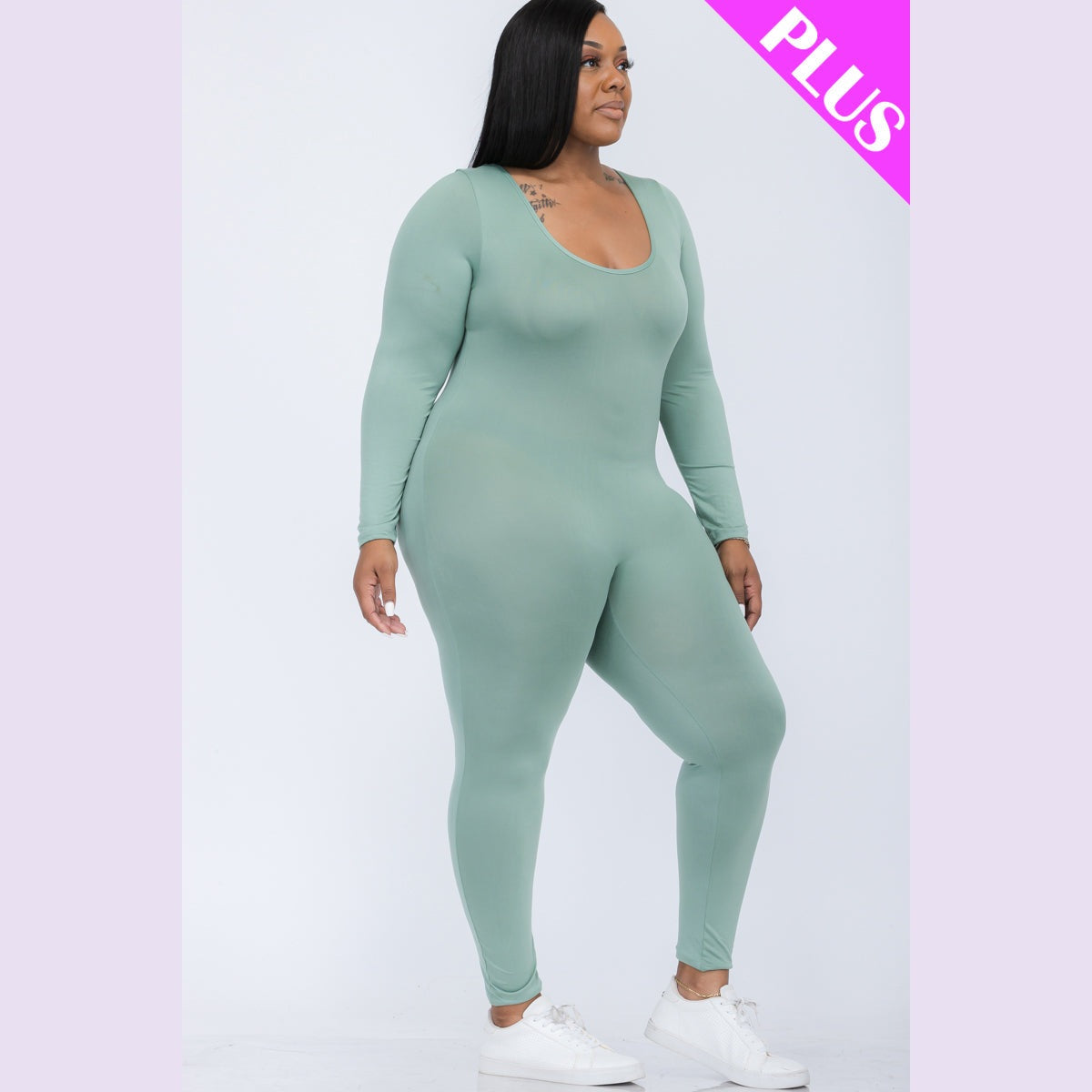 Plus Size Scoop Neck Long Sleeve Bodycon Jumpsuit
