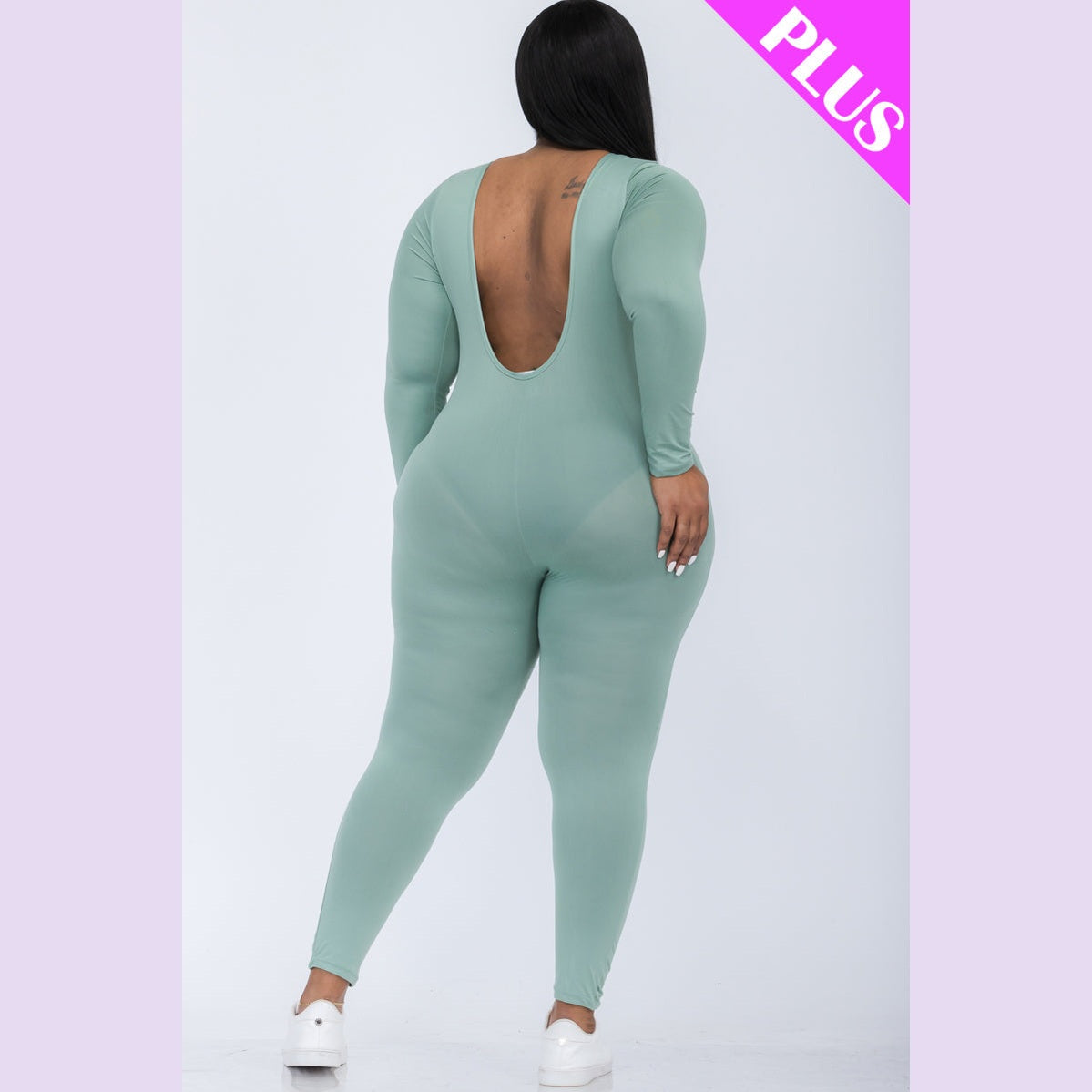 Plus Size Scoop Neck Long Sleeve Bodycon Jumpsuit