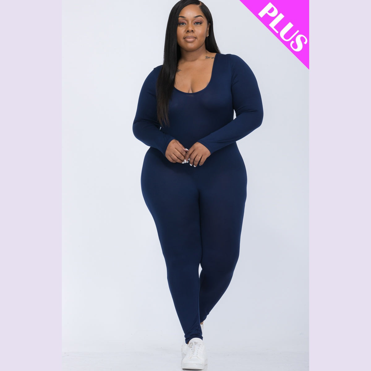 Plus Size Scoop Neck Long Sleeve Bodycon Jumpsuit