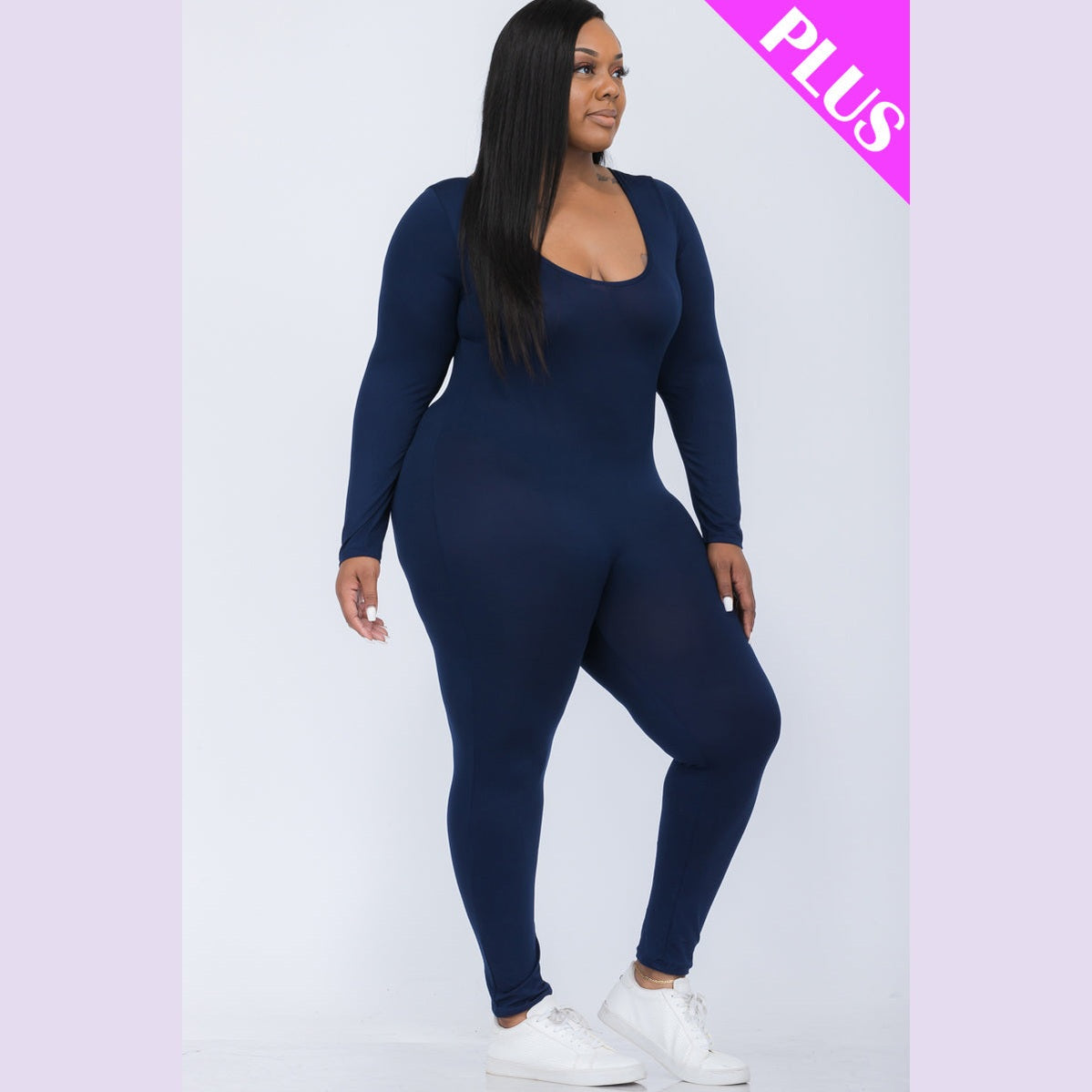 Plus Size Scoop Neck Long Sleeve Bodycon Jumpsuit