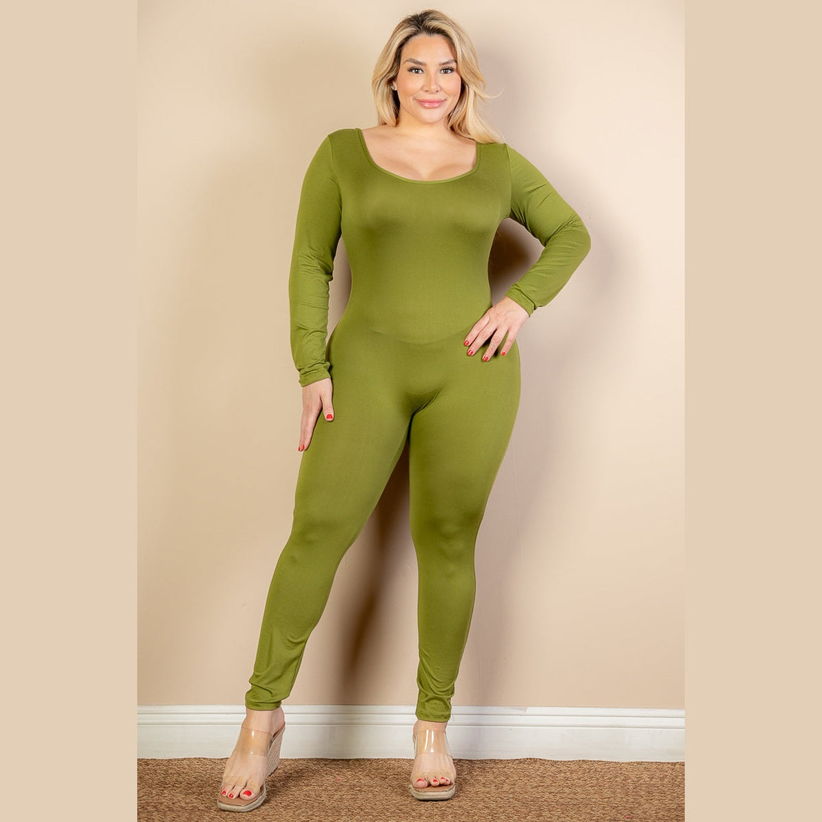 Plus Size Scoop Neck Long Sleeve Bodycon Jumpsuit