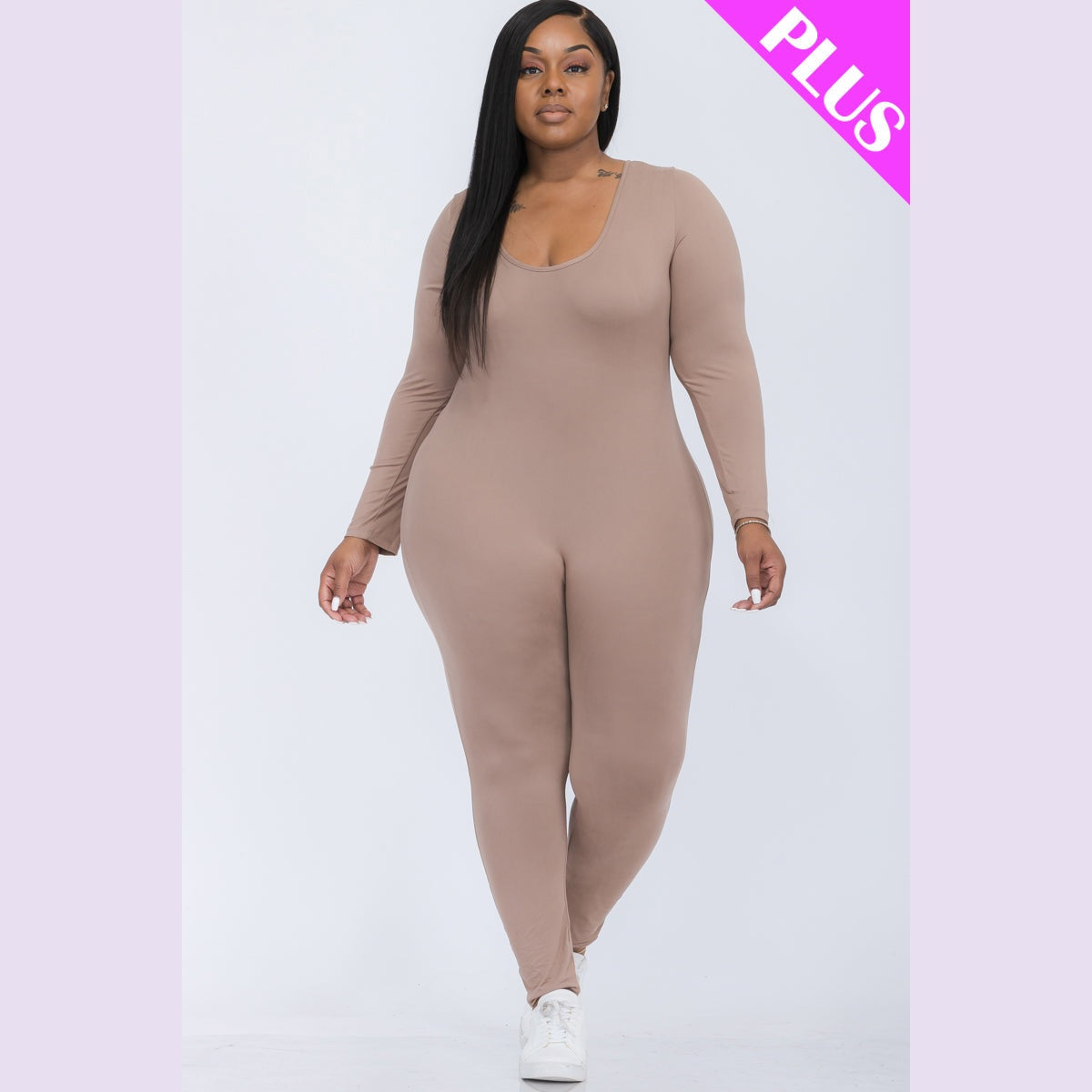 Plus Size Scoop Neck Long Sleeve Bodycon Jumpsuit