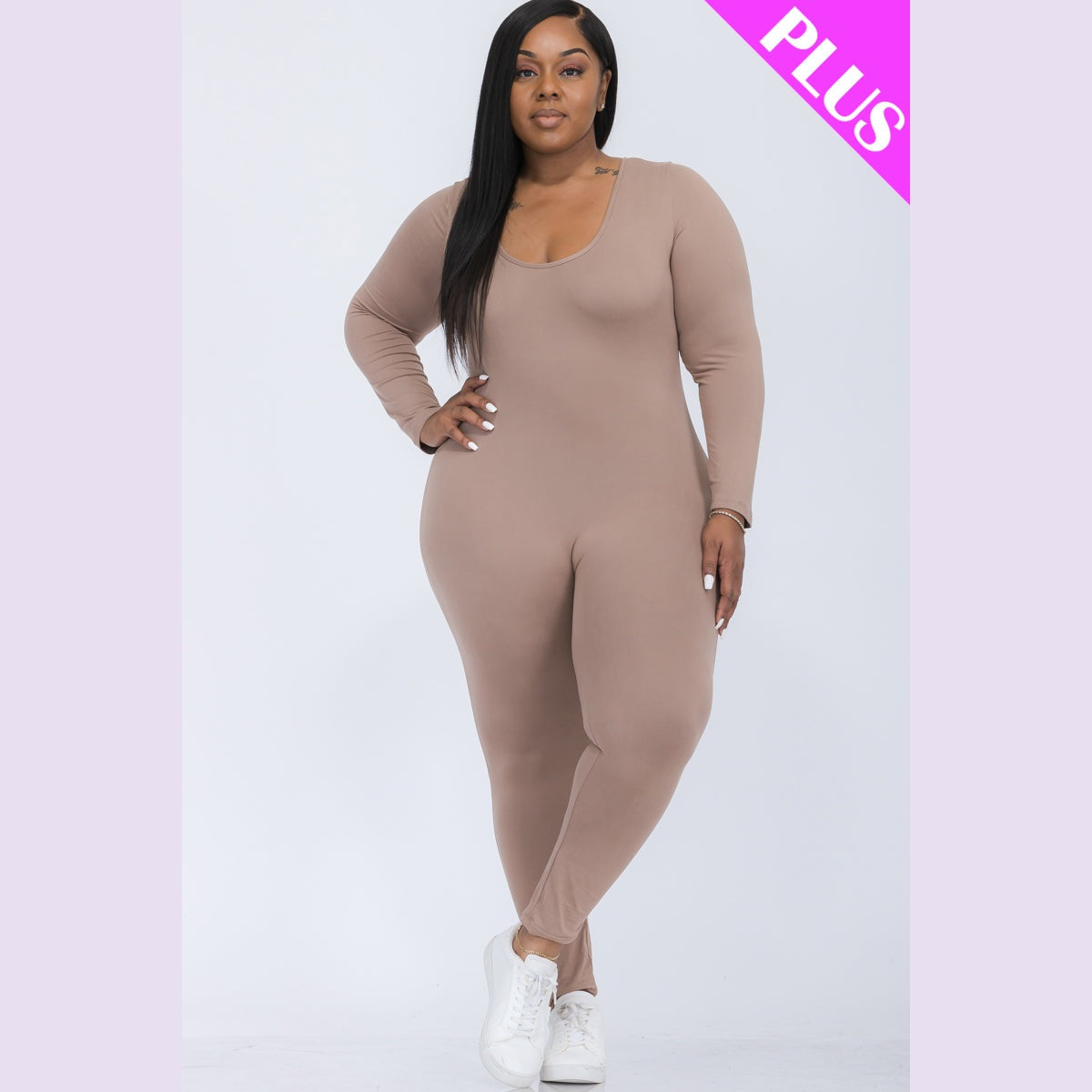 Plus Size Scoop Neck Long Sleeve Bodycon Jumpsuit