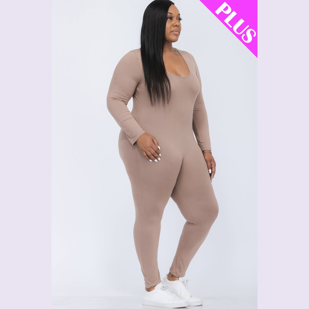Plus Size Scoop Neck Long Sleeve Bodycon Jumpsuit