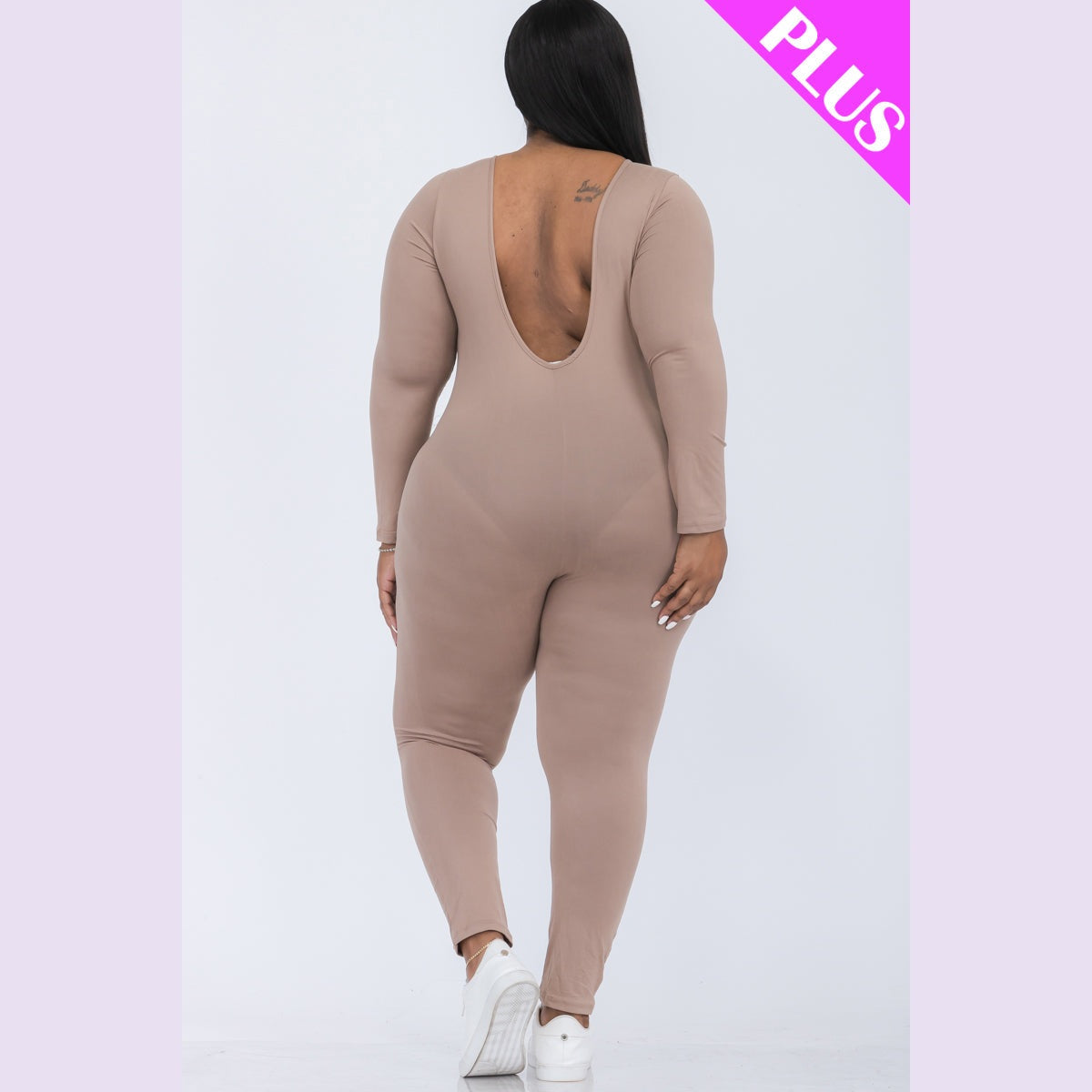 Plus Size Scoop Neck Long Sleeve Bodycon Jumpsuit