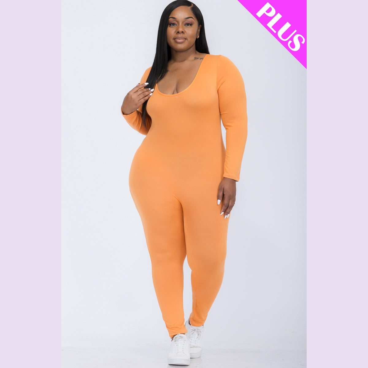 Plus Size Scoop Neck Long Sleeve Bodycon Jumpsuit