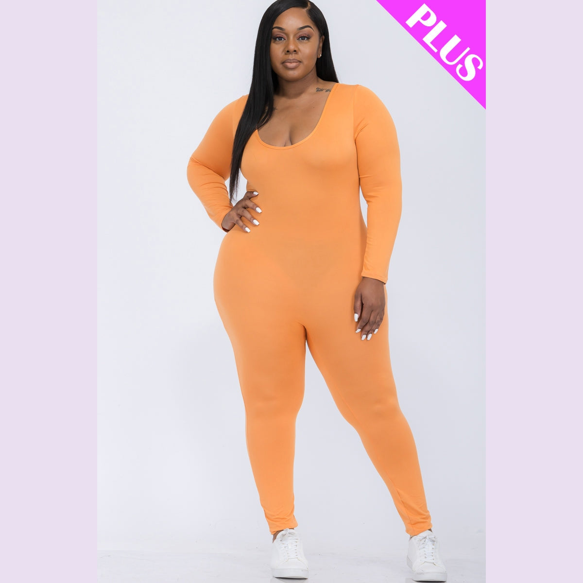 Plus Size Scoop Neck Long Sleeve Bodycon Jumpsuit