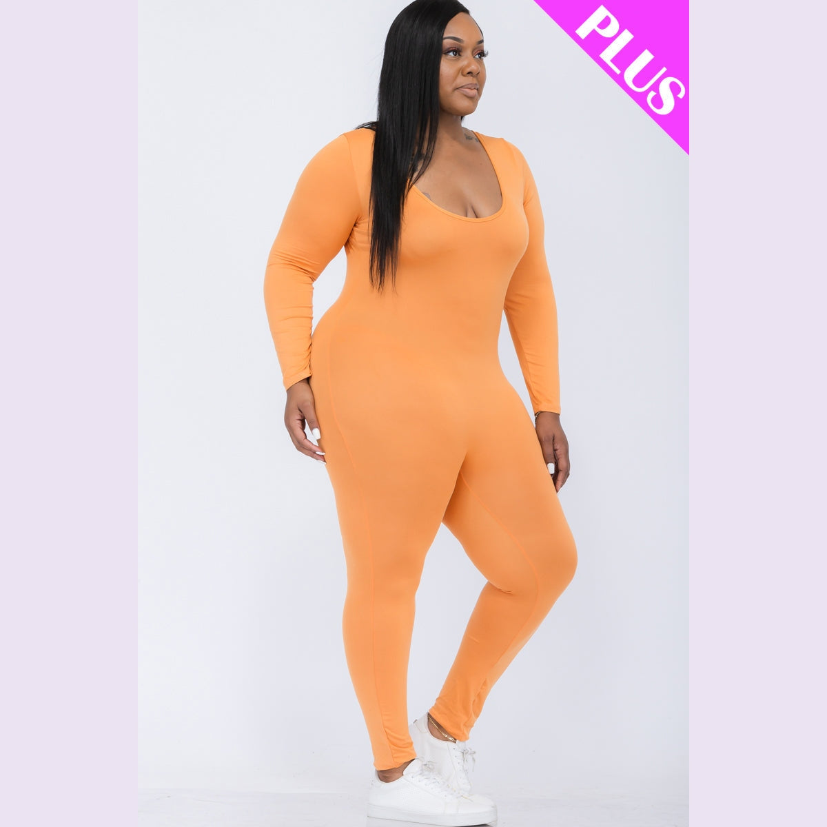 Plus Size Scoop Neck Long Sleeve Bodycon Jumpsuit