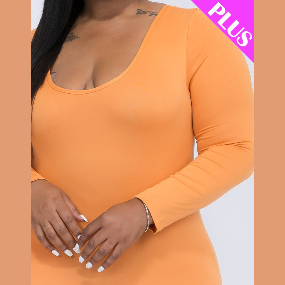 Plus Size Scoop Neck Long Sleeve Bodycon Jumpsuit