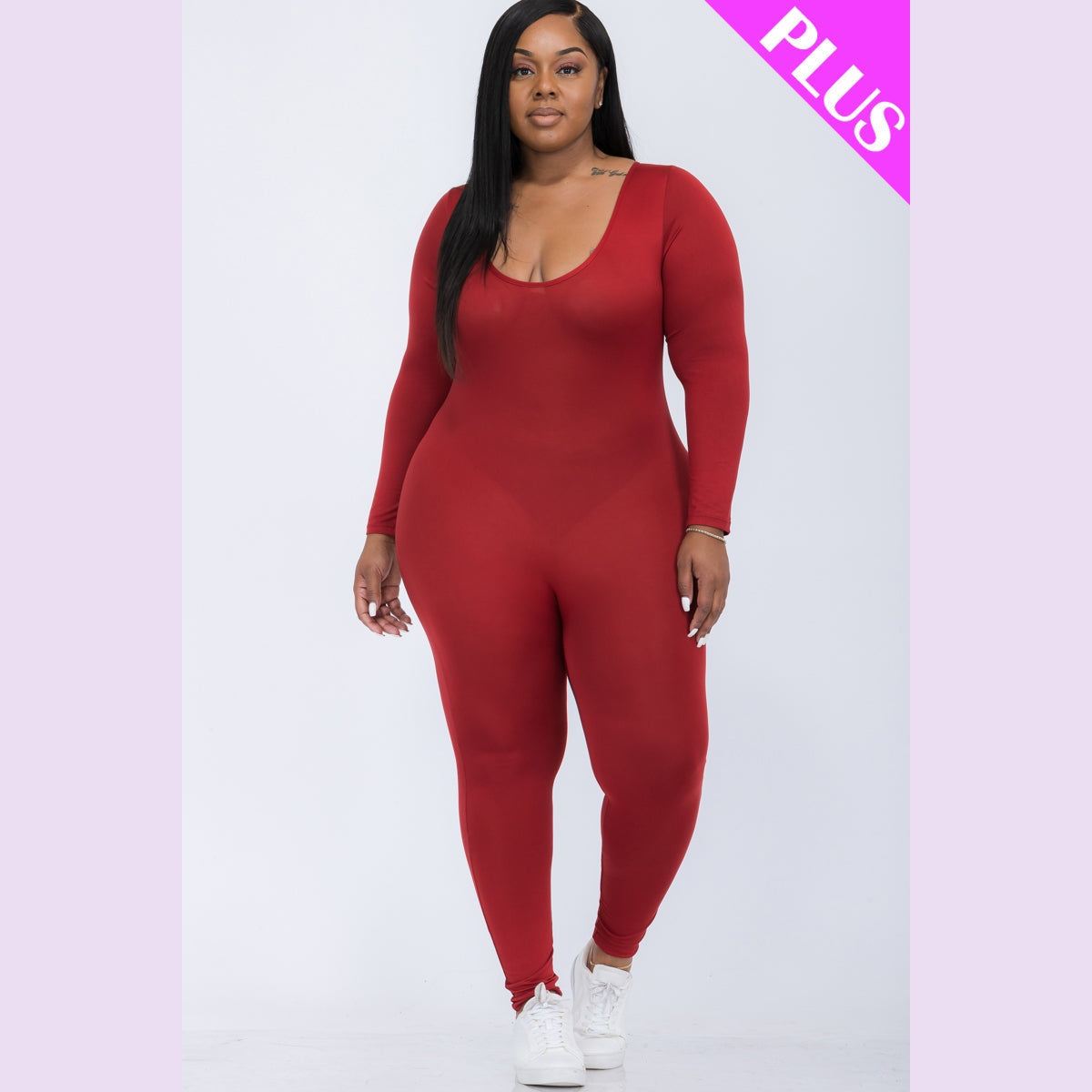 Plus Size Scoop Neck Long Sleeve Bodycon Jumpsuit