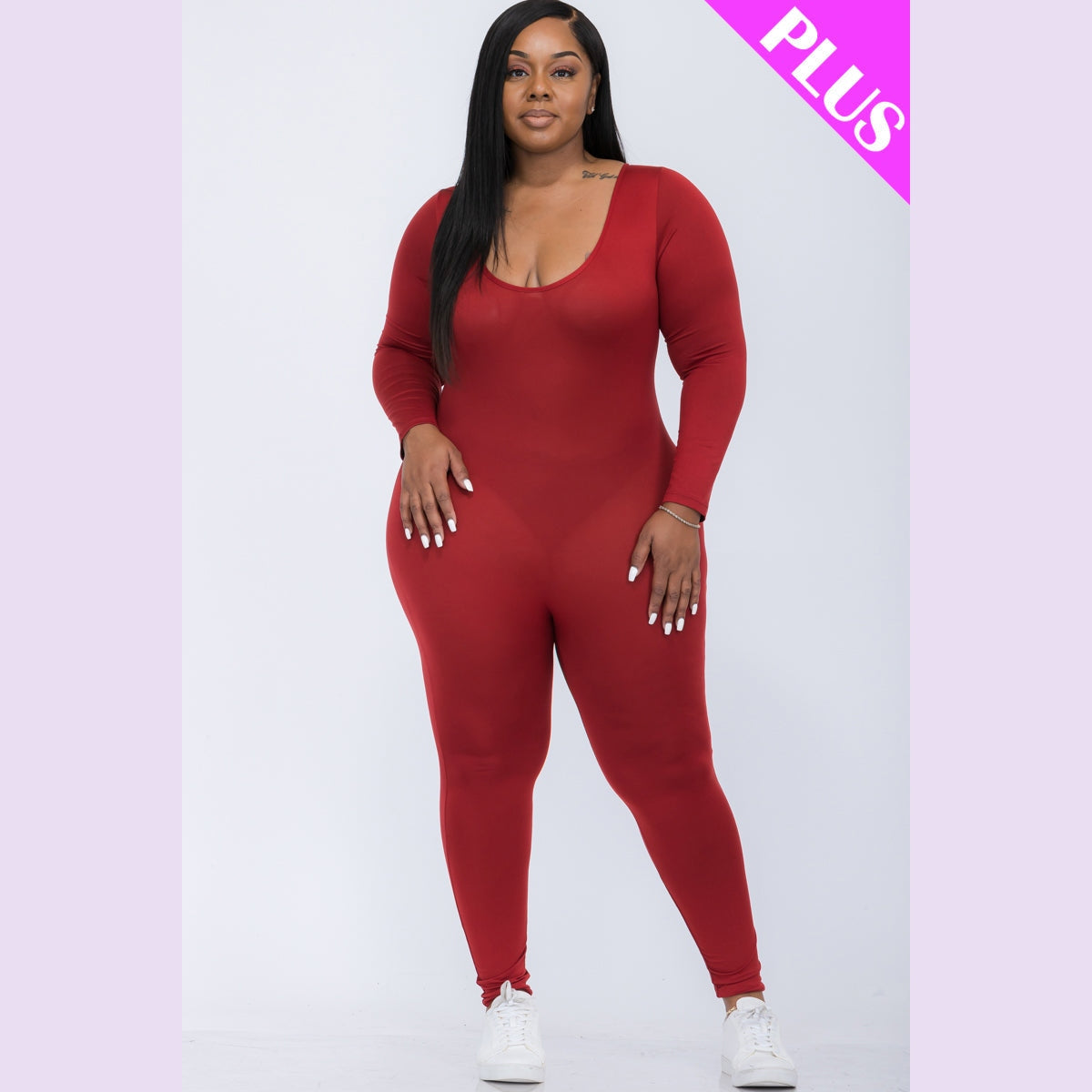 Plus Size Scoop Neck Long Sleeve Bodycon Jumpsuit