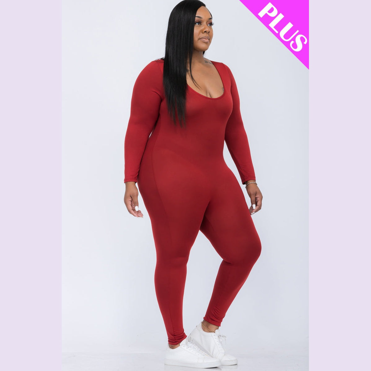 Plus Size Scoop Neck Long Sleeve Bodycon Jumpsuit