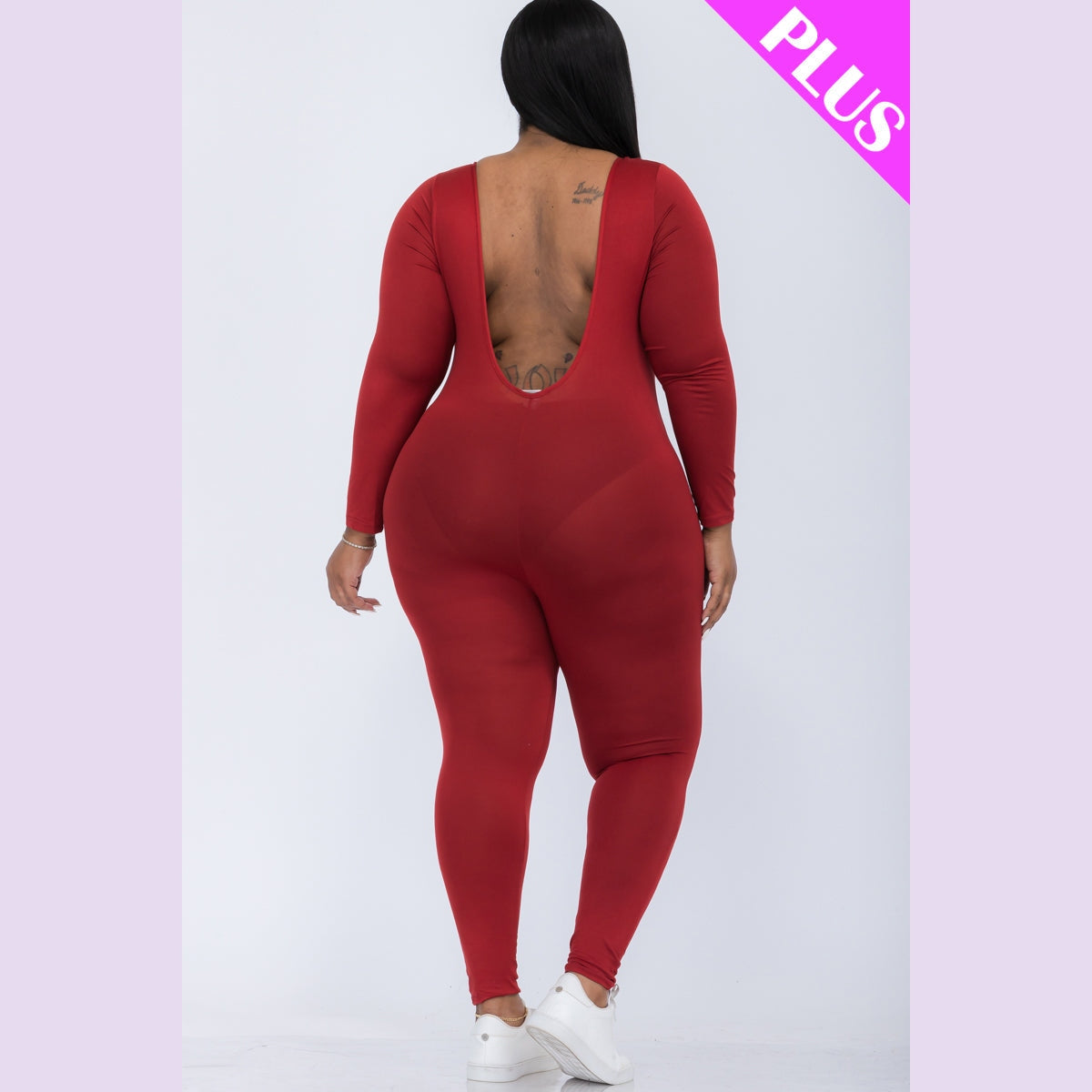 Plus Size Scoop Neck Long Sleeve Bodycon Jumpsuit