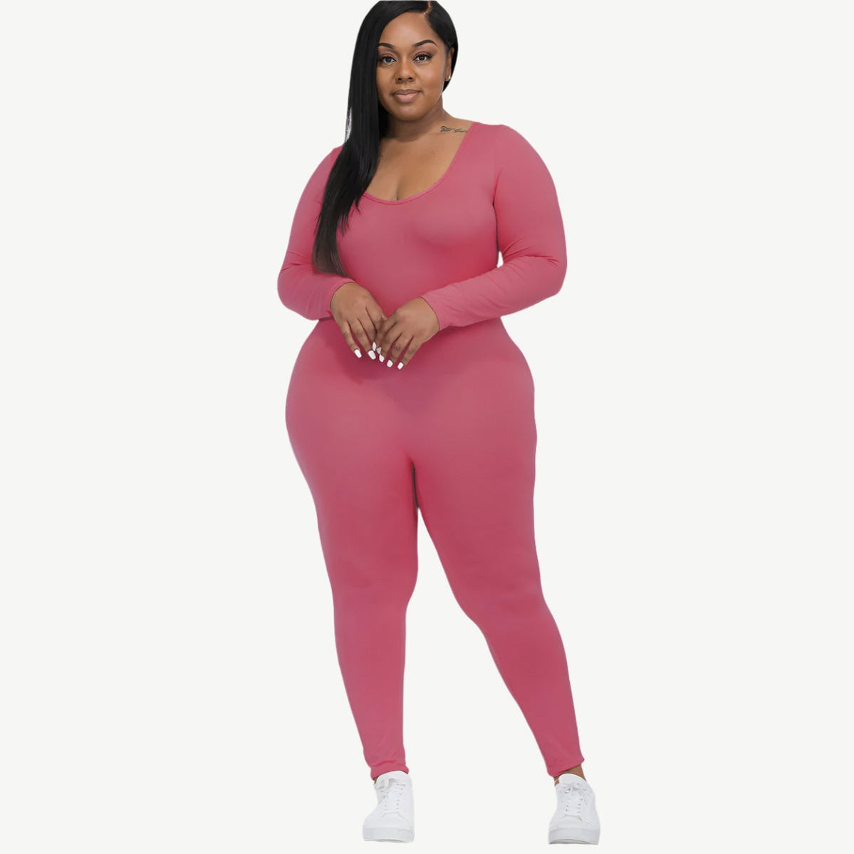 Plus Size Scoop Neck Long Sleeve Bodycon Jumpsuit