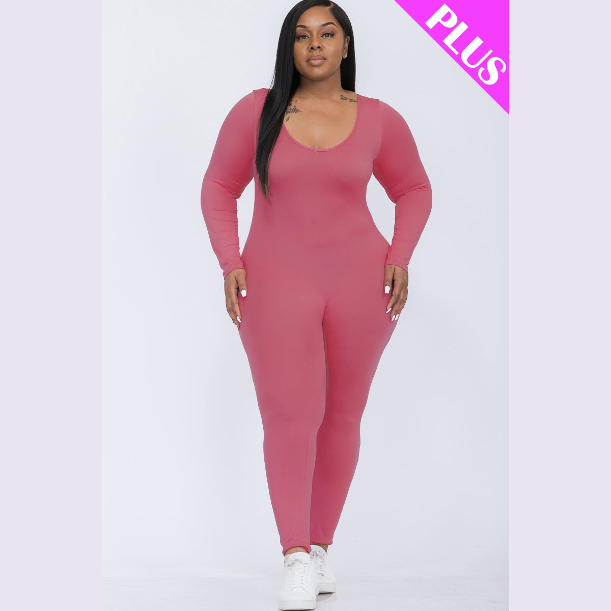 Plus Size Scoop Neck Long Sleeve Bodycon Jumpsuit