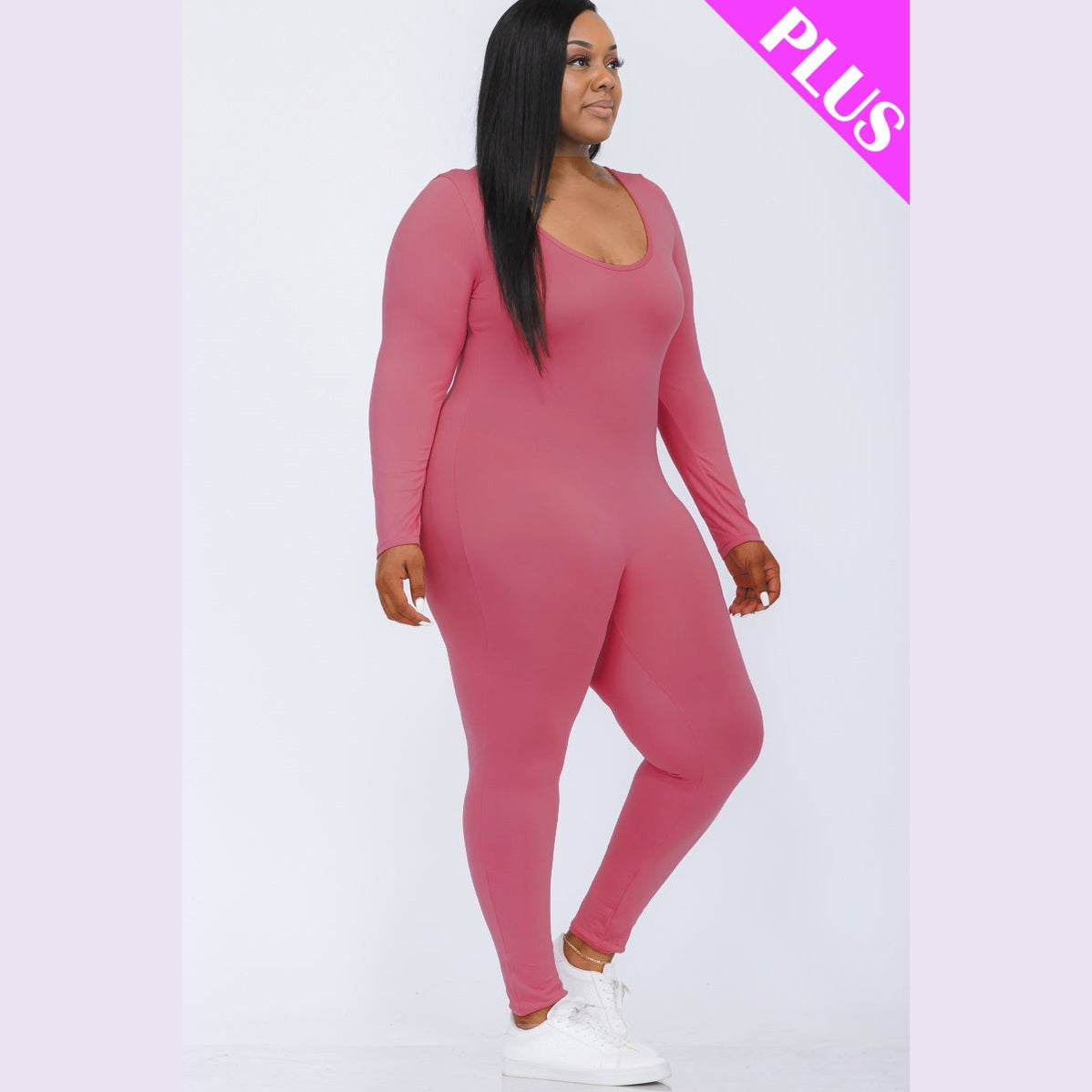 Plus Size Scoop Neck Long Sleeve Bodycon Jumpsuit