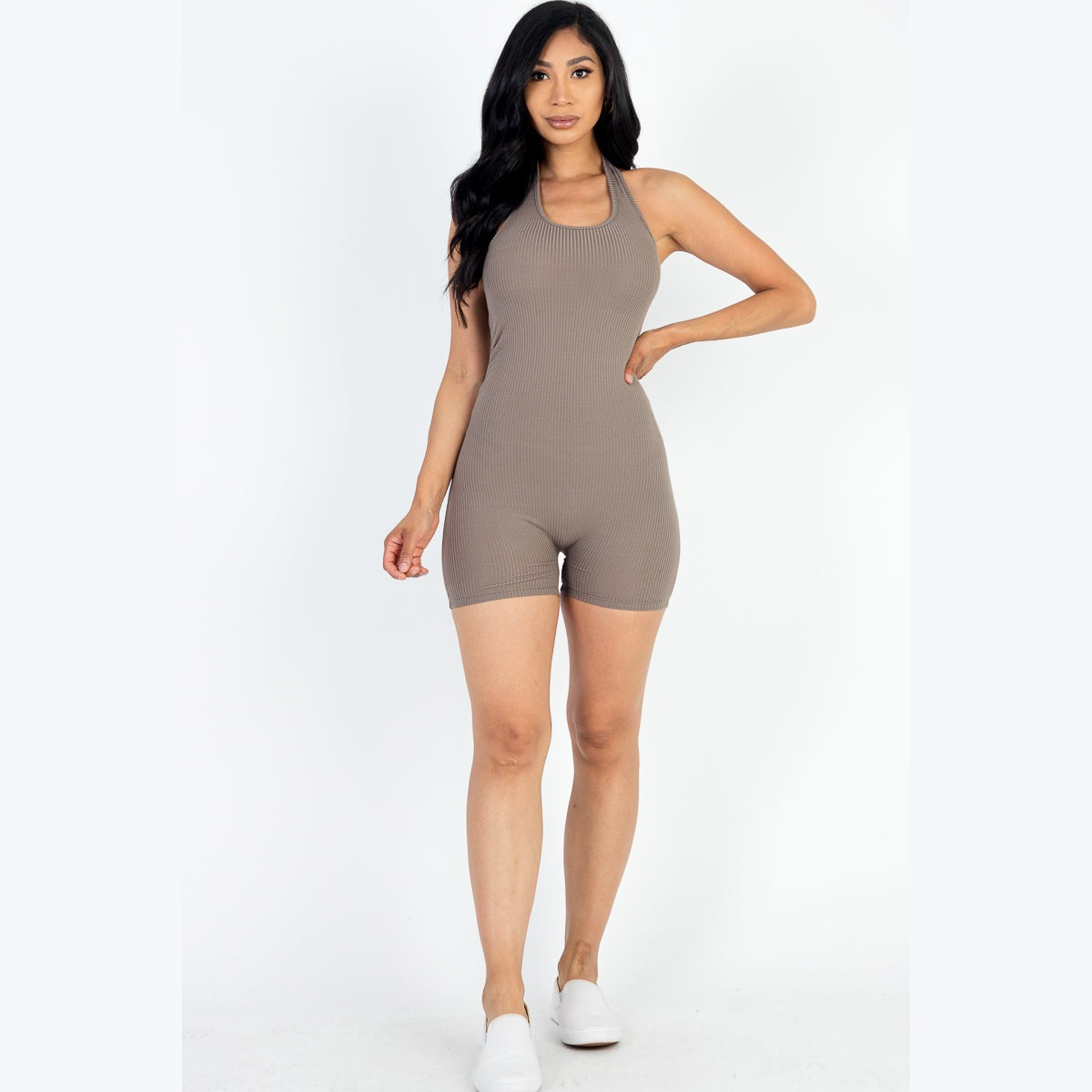 Ribbed Halter Neck Backless Romper