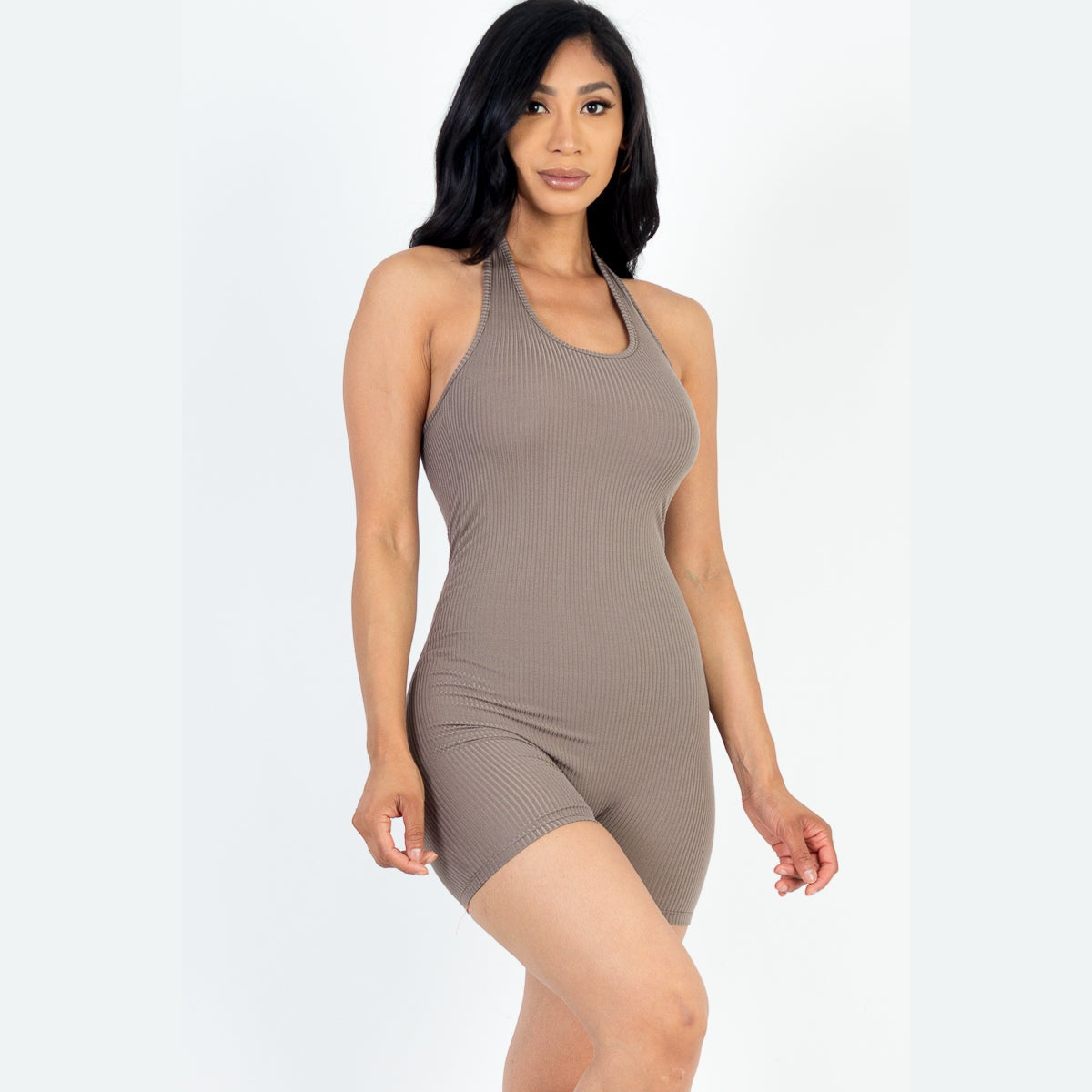 Ribbed Halter Neck Backless Romper