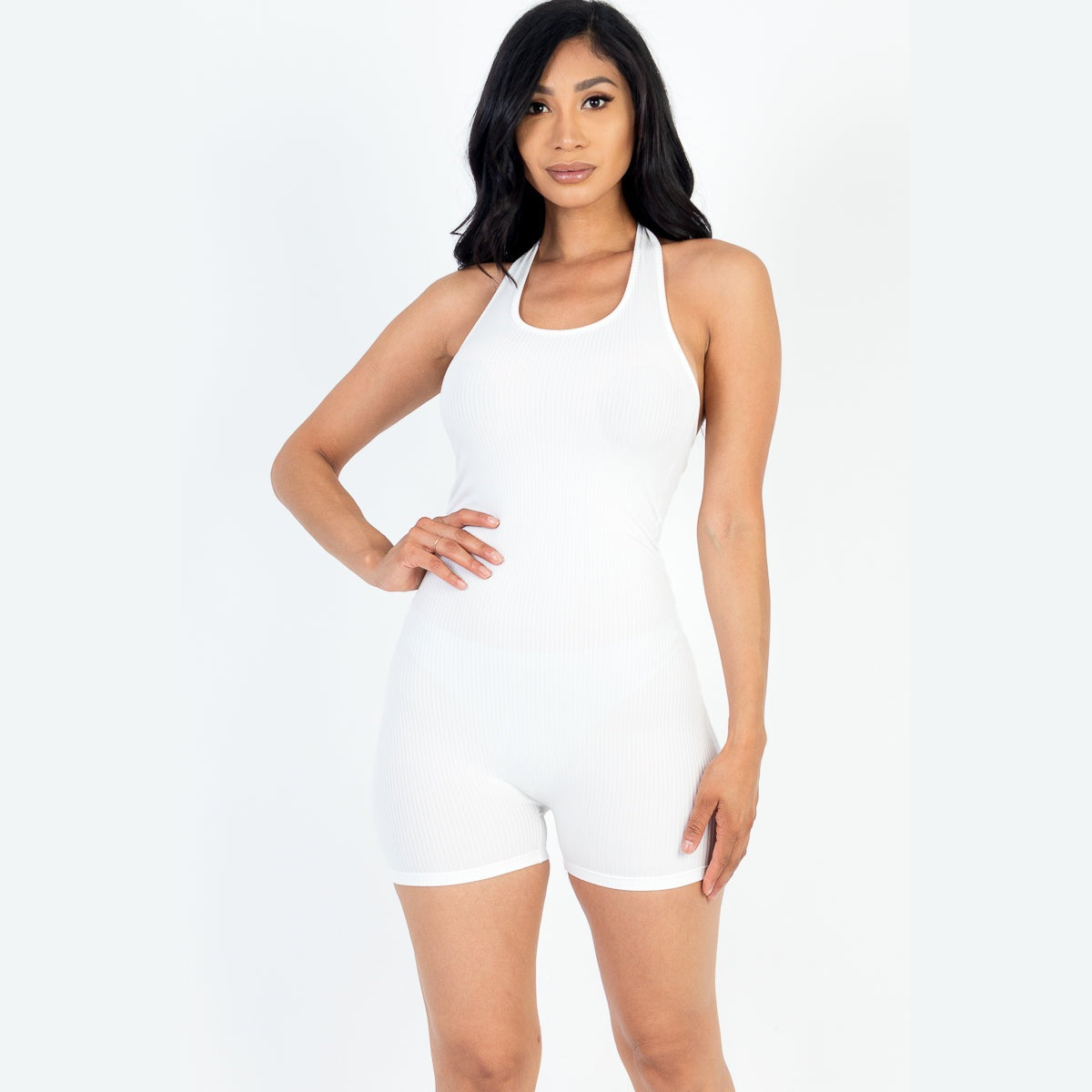 Ribbed Halter Neck Backless Romper