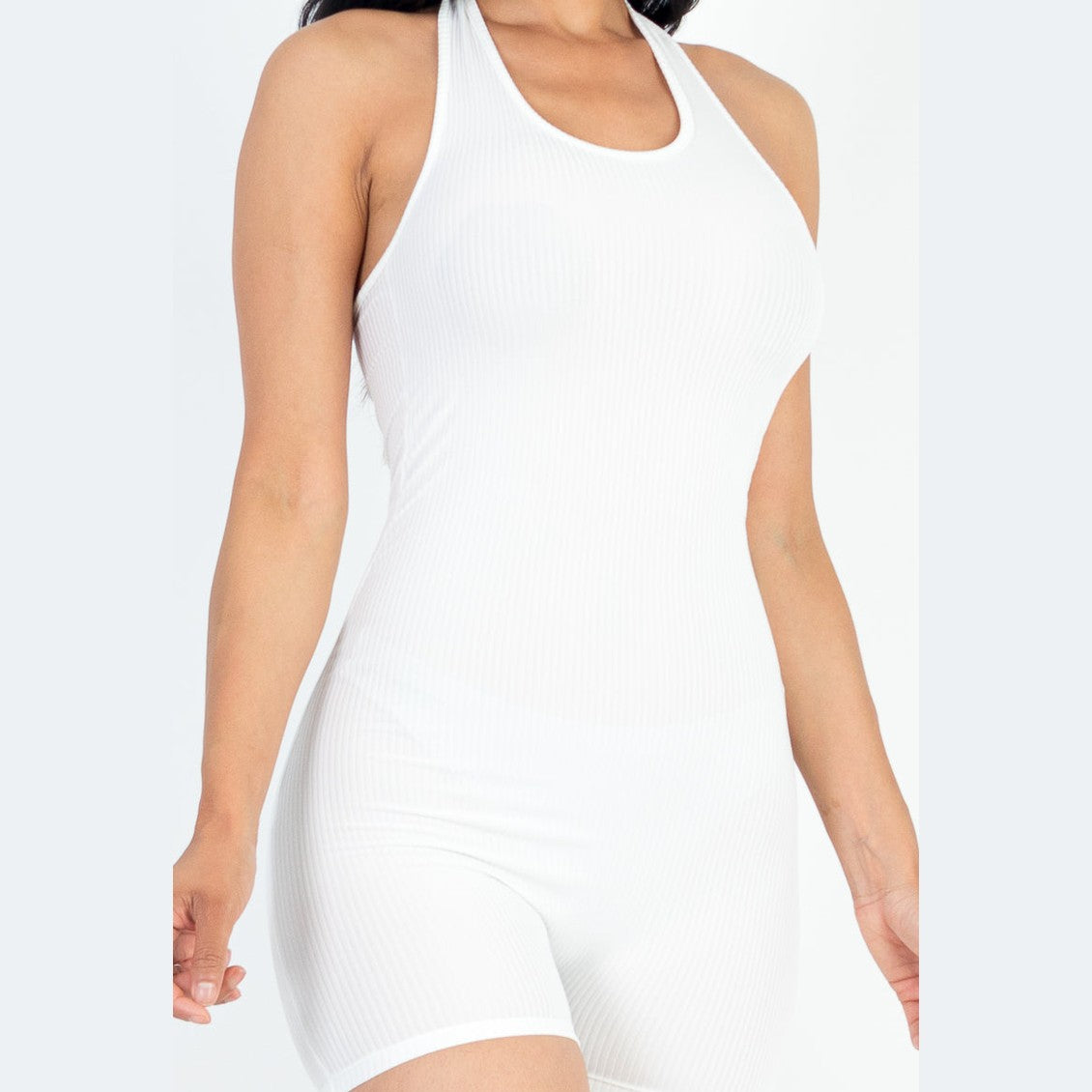 Ribbed Halter Neck Backless Romper