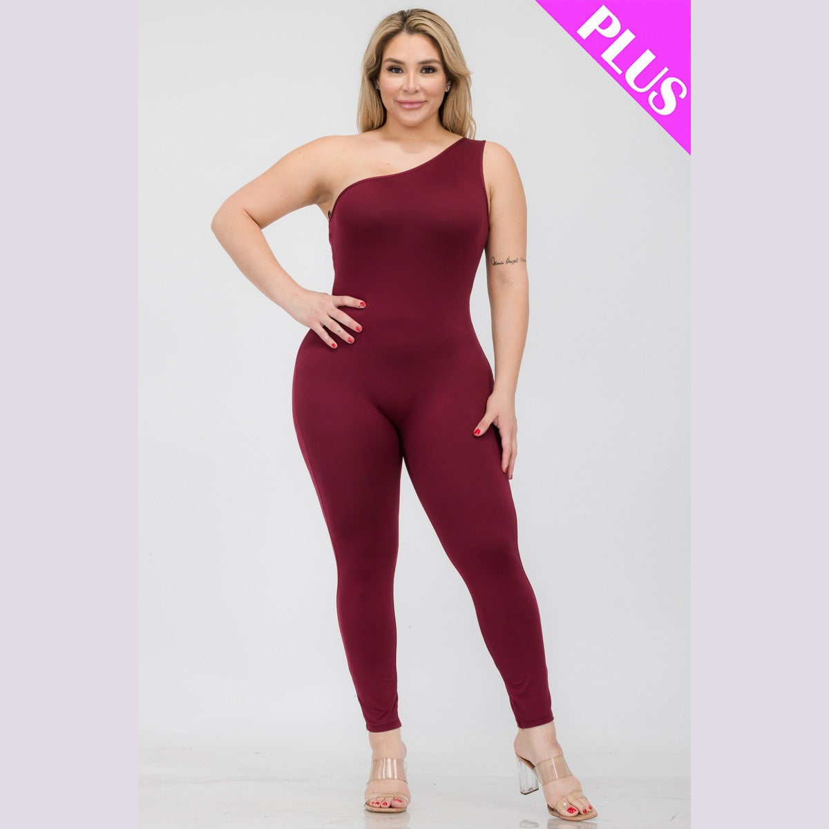 Plus Size Solid Color One Shoulder Jumpsuit