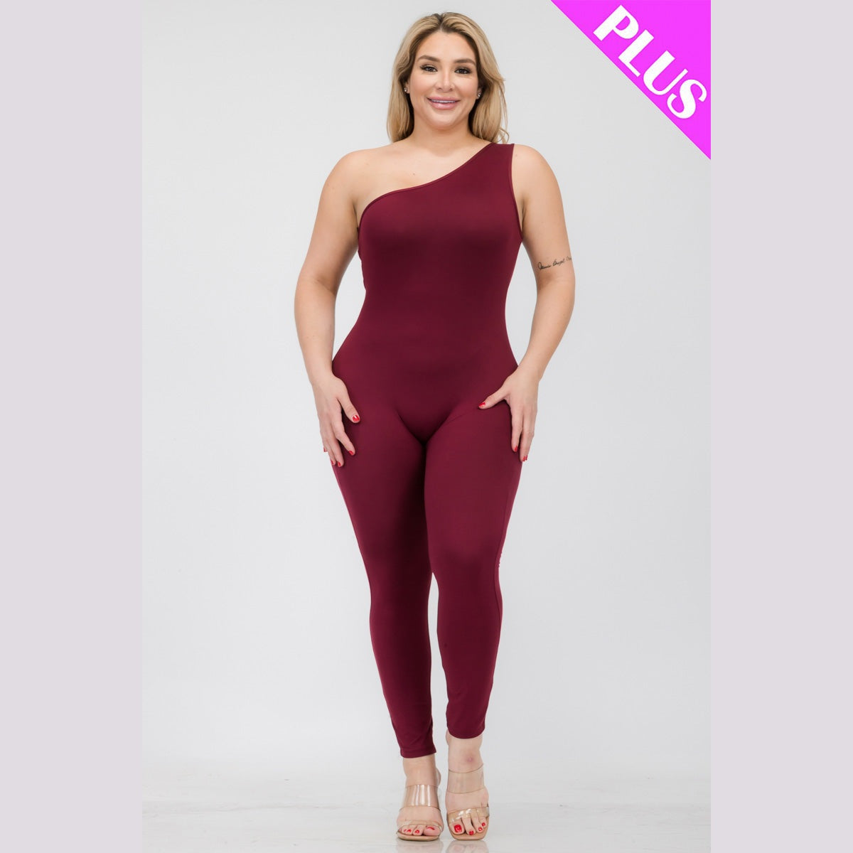 Plus Size Solid Color One Shoulder Jumpsuit