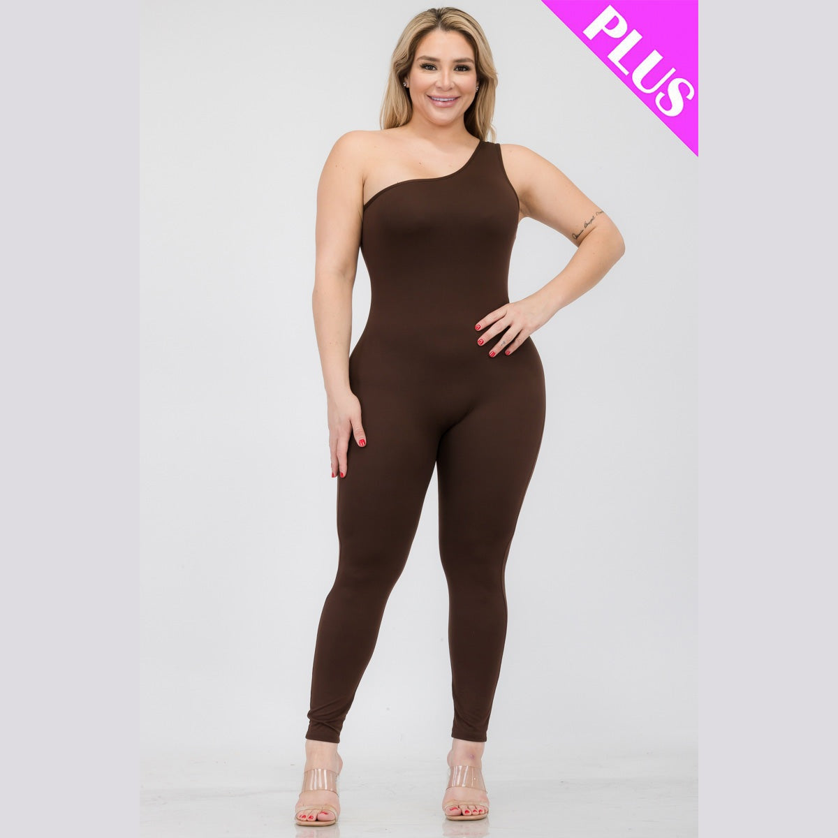 Plus Size Solid Color One Shoulder Jumpsuit