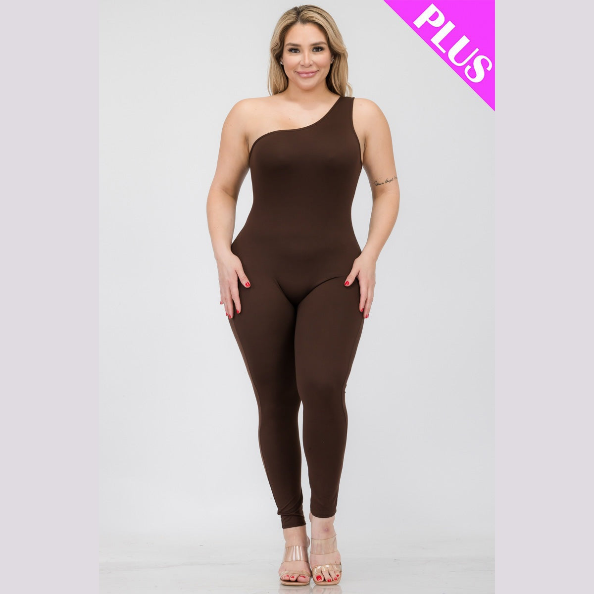 Plus Size Solid Color One Shoulder Jumpsuit