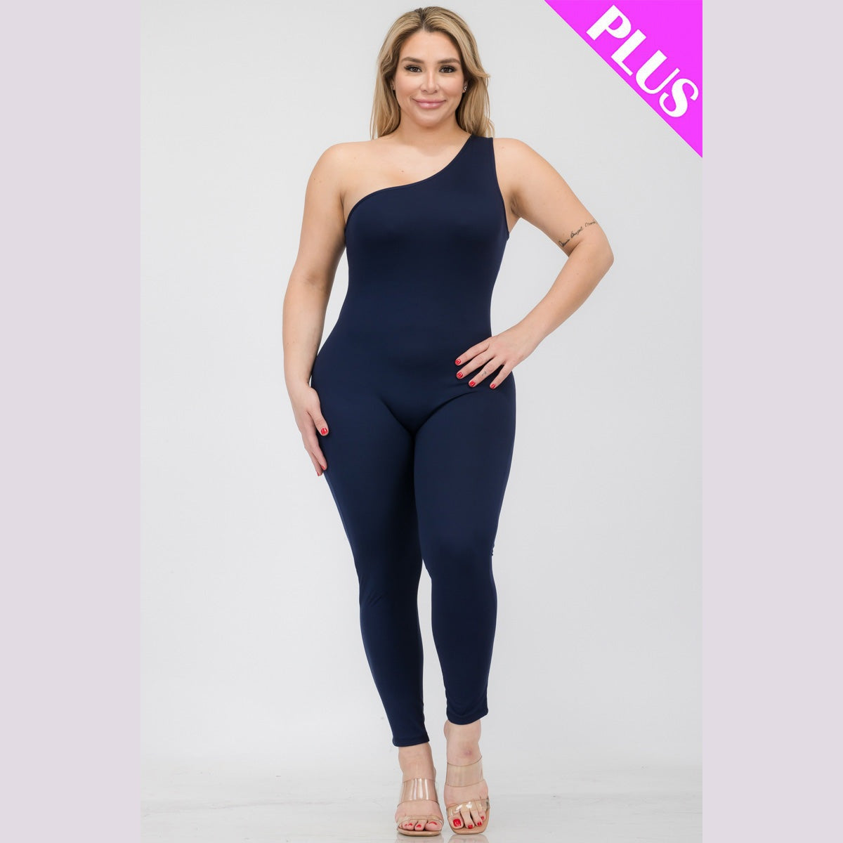 Plus Size Solid Color One Shoulder Jumpsuit