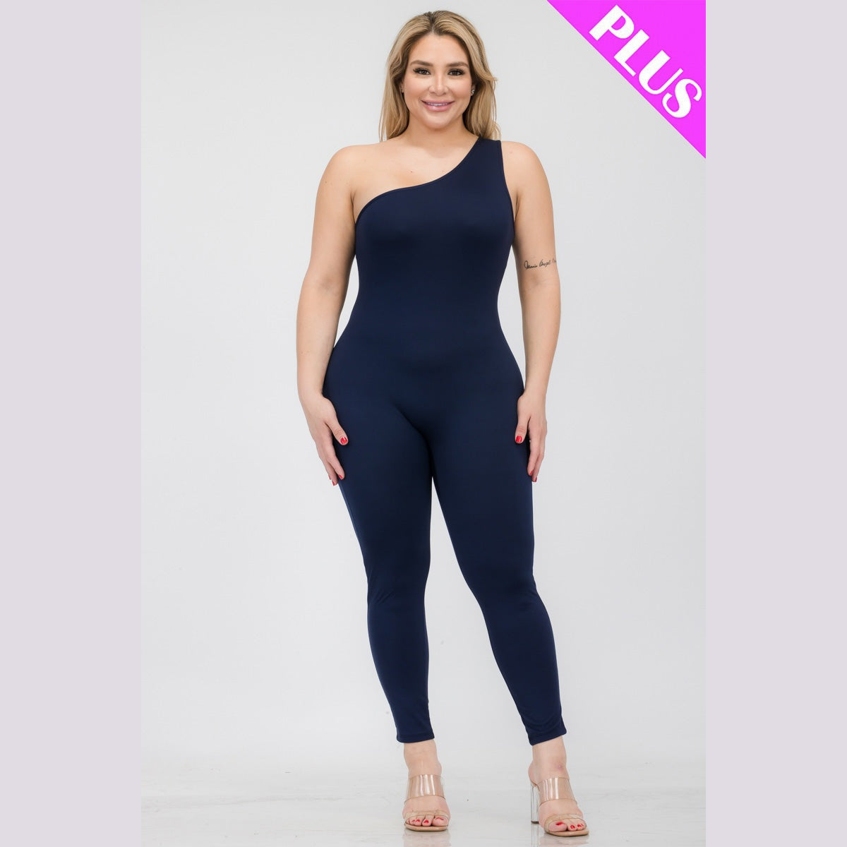 Plus Size Solid Color One Shoulder Jumpsuit