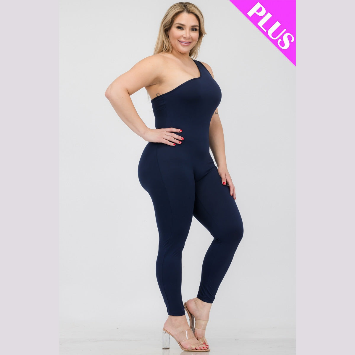 Plus Size Solid Color One Shoulder Jumpsuit