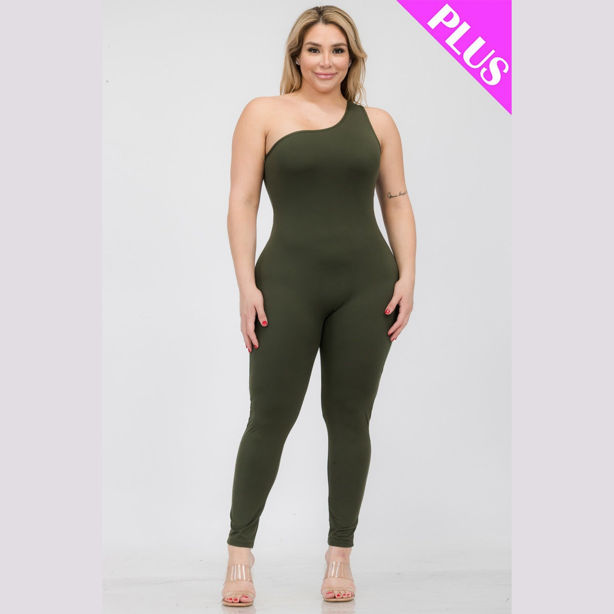 Plus Size Solid Color One Shoulder Jumpsuit