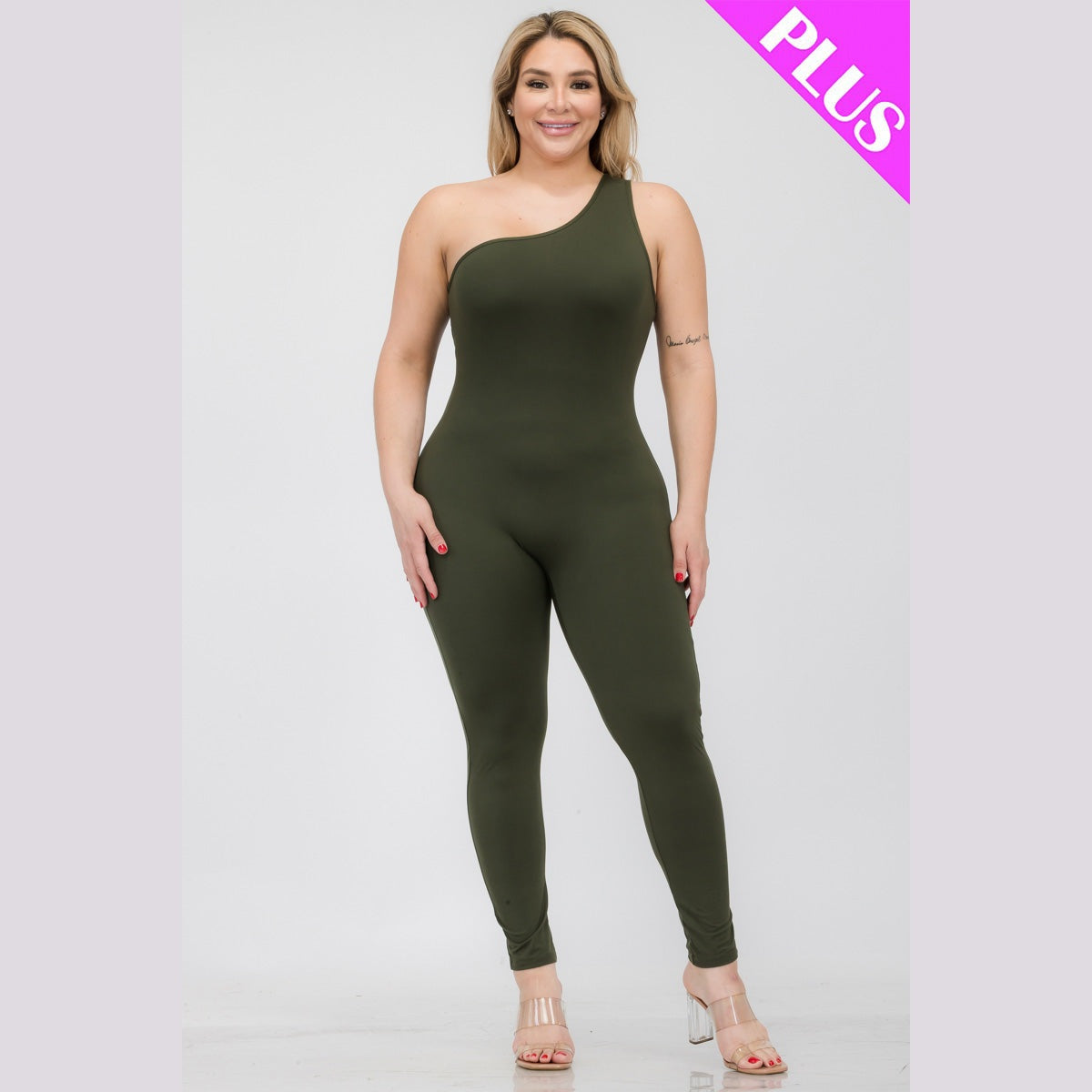 Plus Size Solid Color One Shoulder Jumpsuit