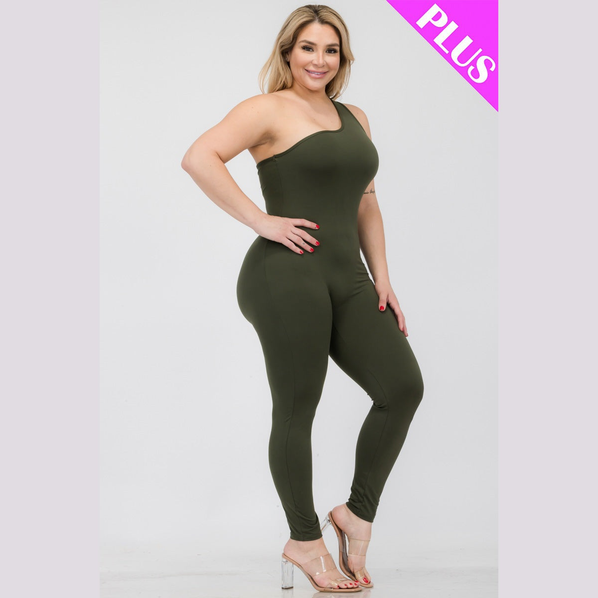 Plus Size Solid Color One Shoulder Jumpsuit