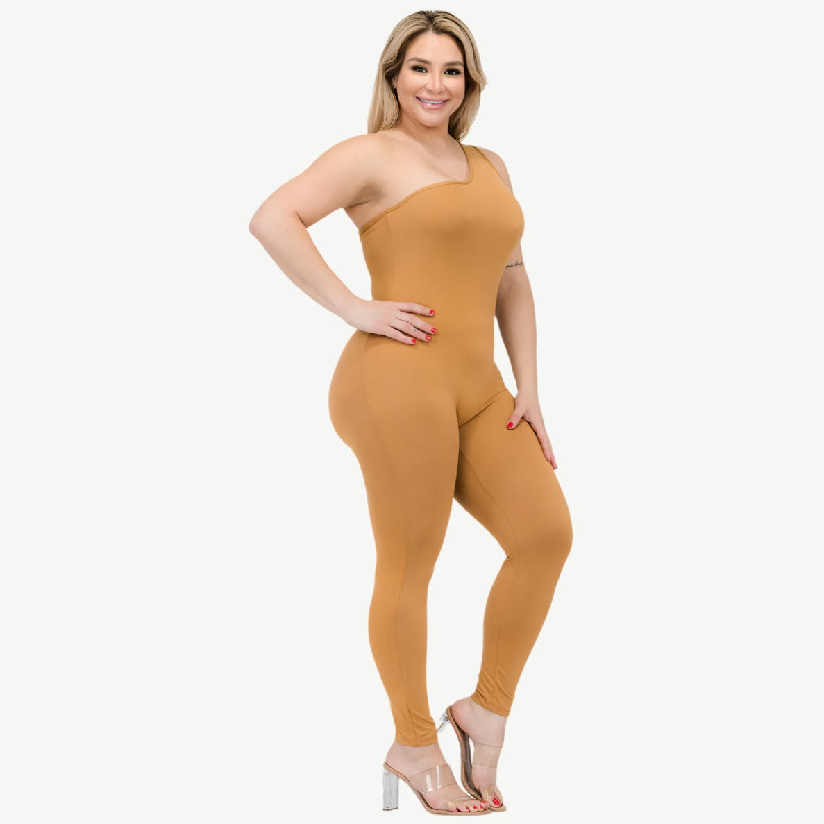 Plus Size Solid Color One Shoulder Jumpsuit